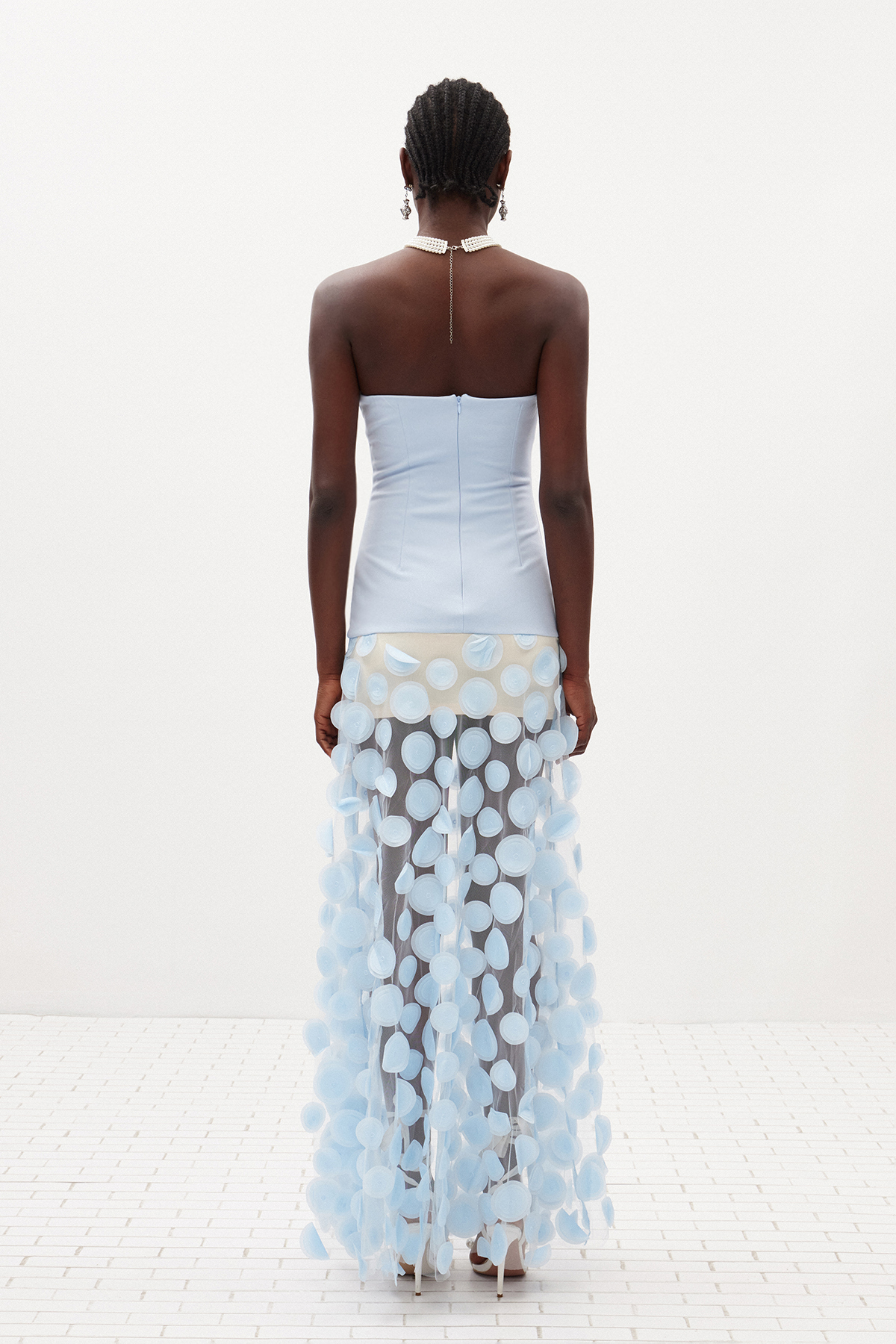 Boryana Strapless Dot Mesh Maxi Dress In Blue