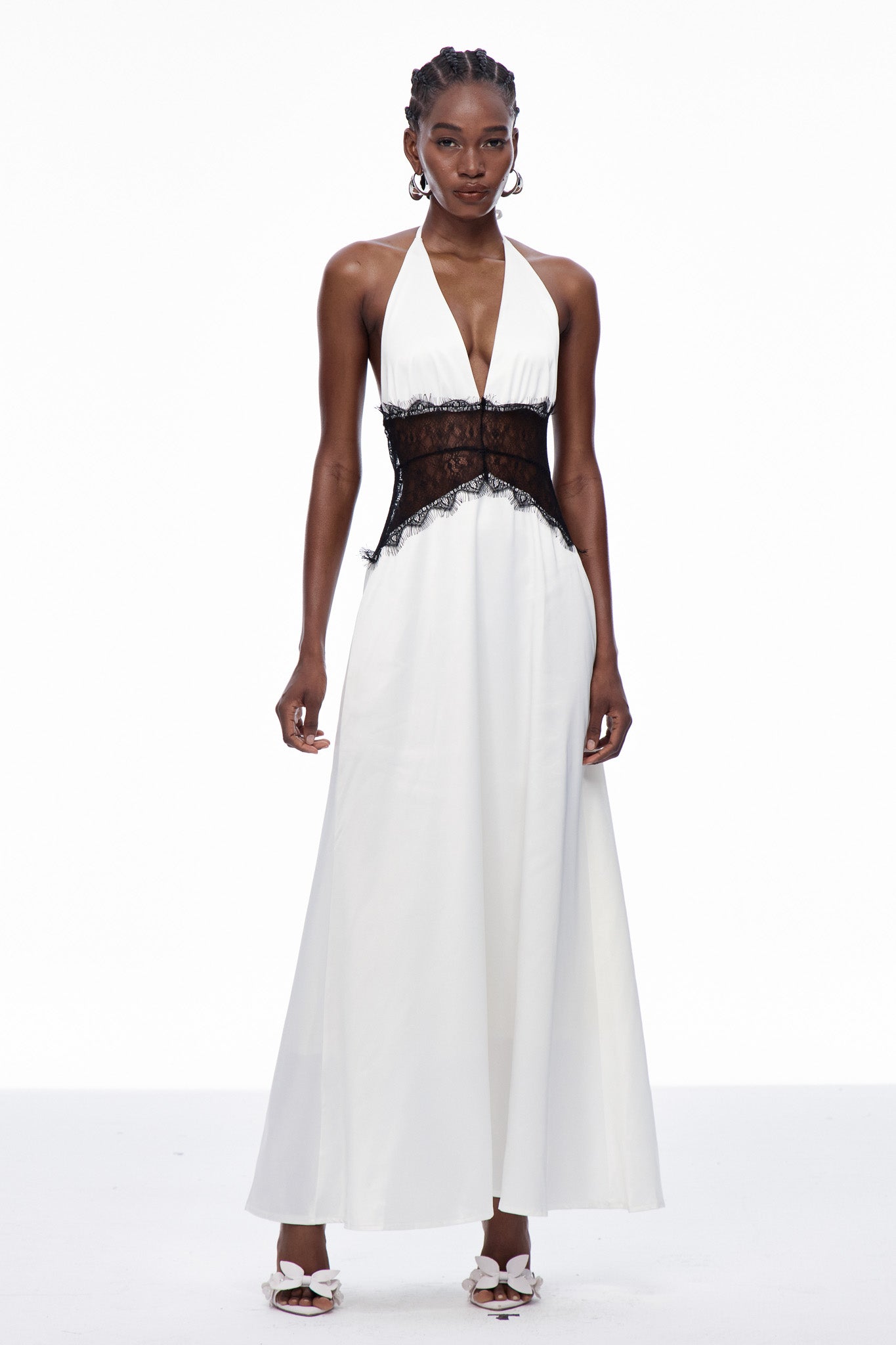 Bowie Lace Plunge Backless Maxi Dress In White