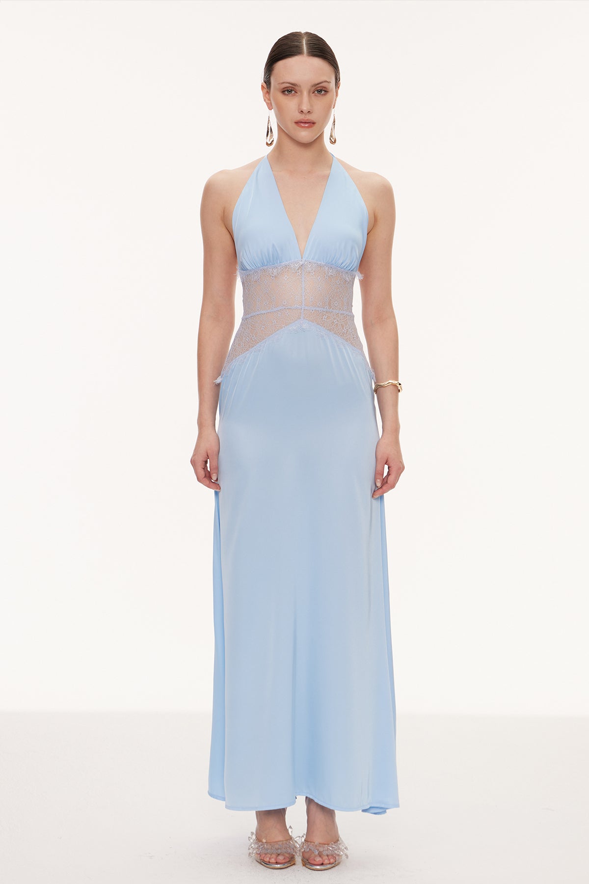 Bowie Lace Plunge Backless Maxi Dress In Blue