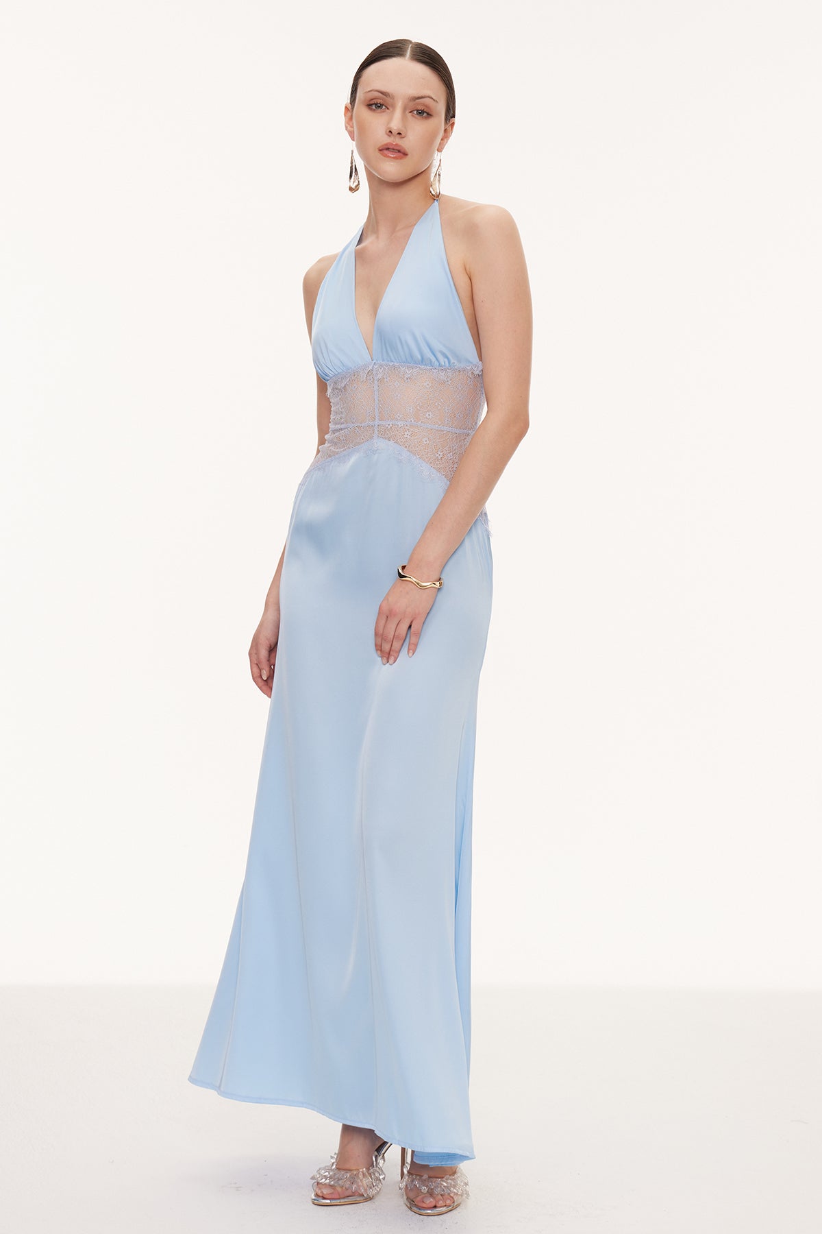Bowie Lace Plunge Backless Maxi Dress In Blue