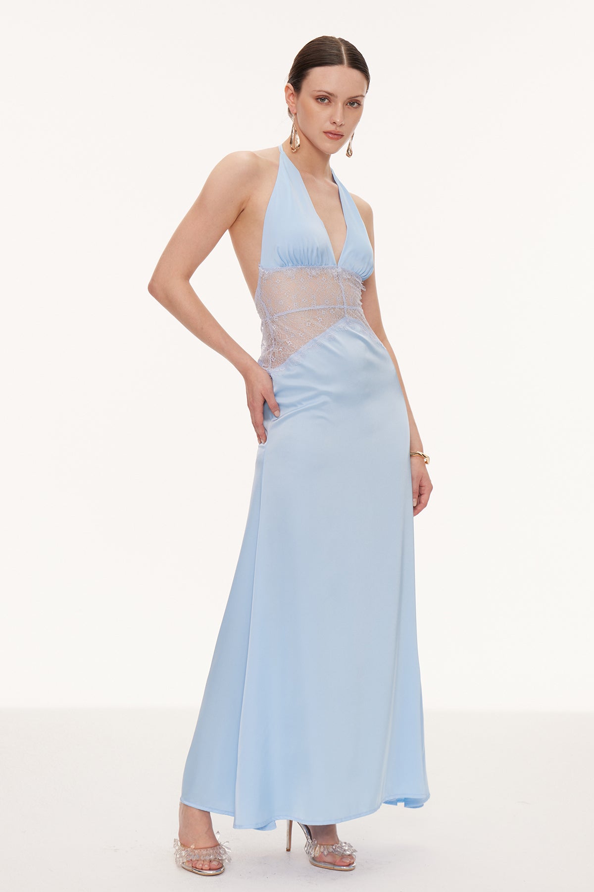 Bowie Lace Plunge Backless Maxi Dress In Blue