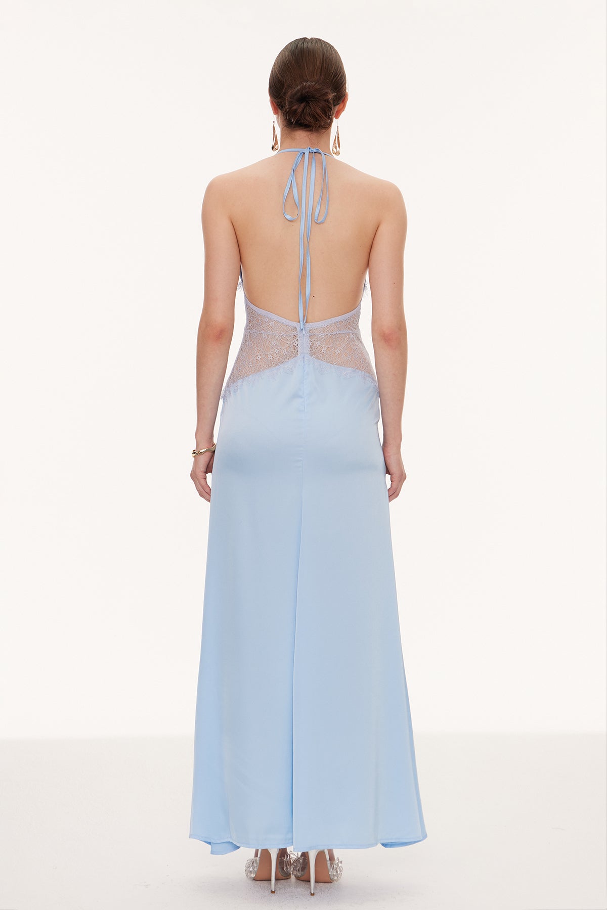 Bowie Lace Plunge Backless Maxi Dress In Blue