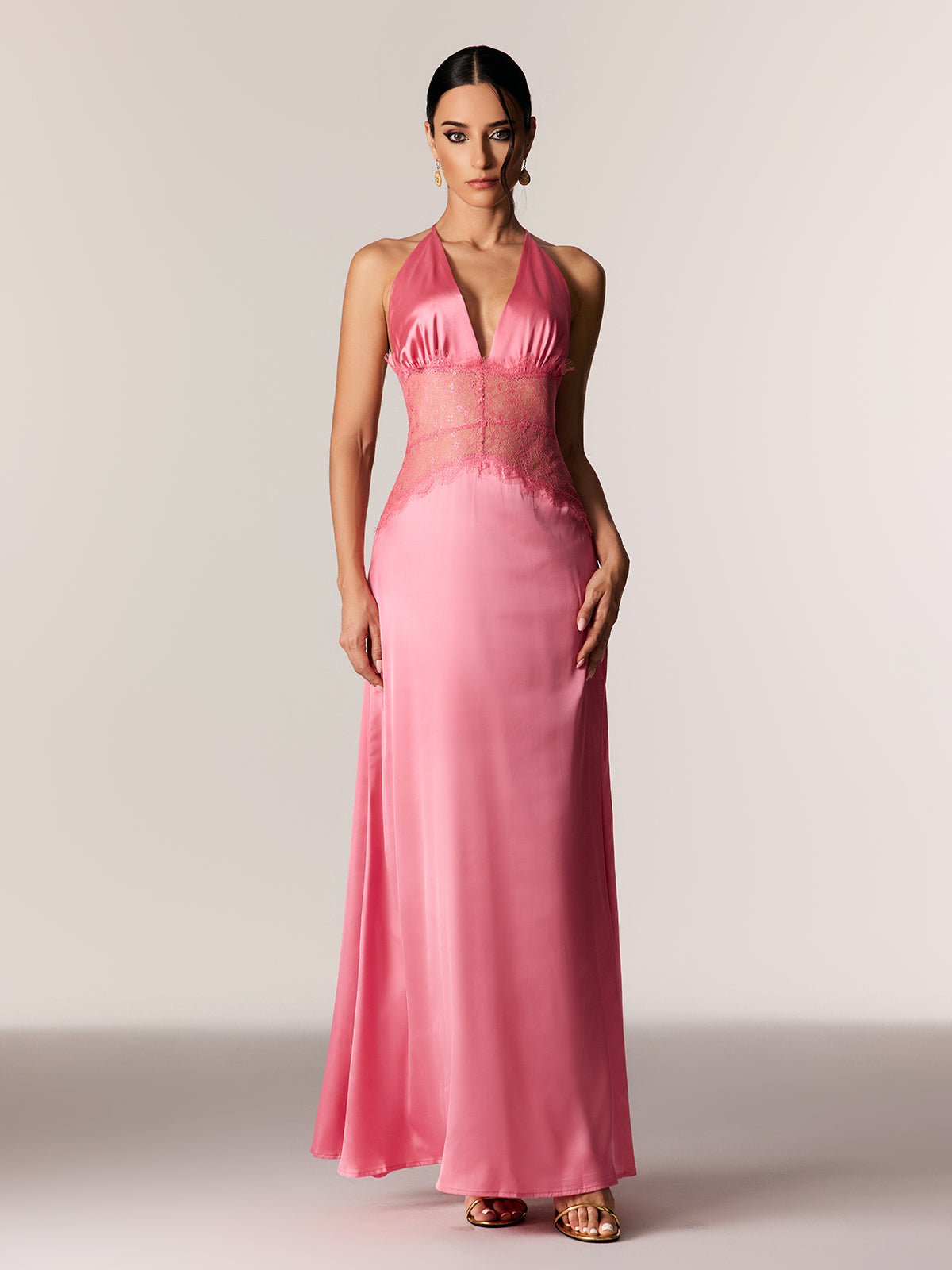 Bowie Lace Plunge Backless Maxi Dress In Pink