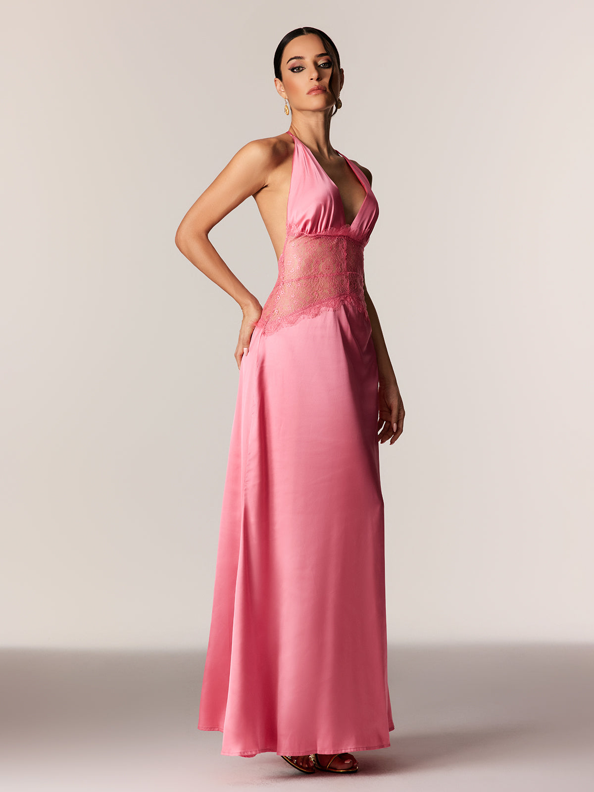 Bowie Lace Plunge Backless Maxi Dress In Pink