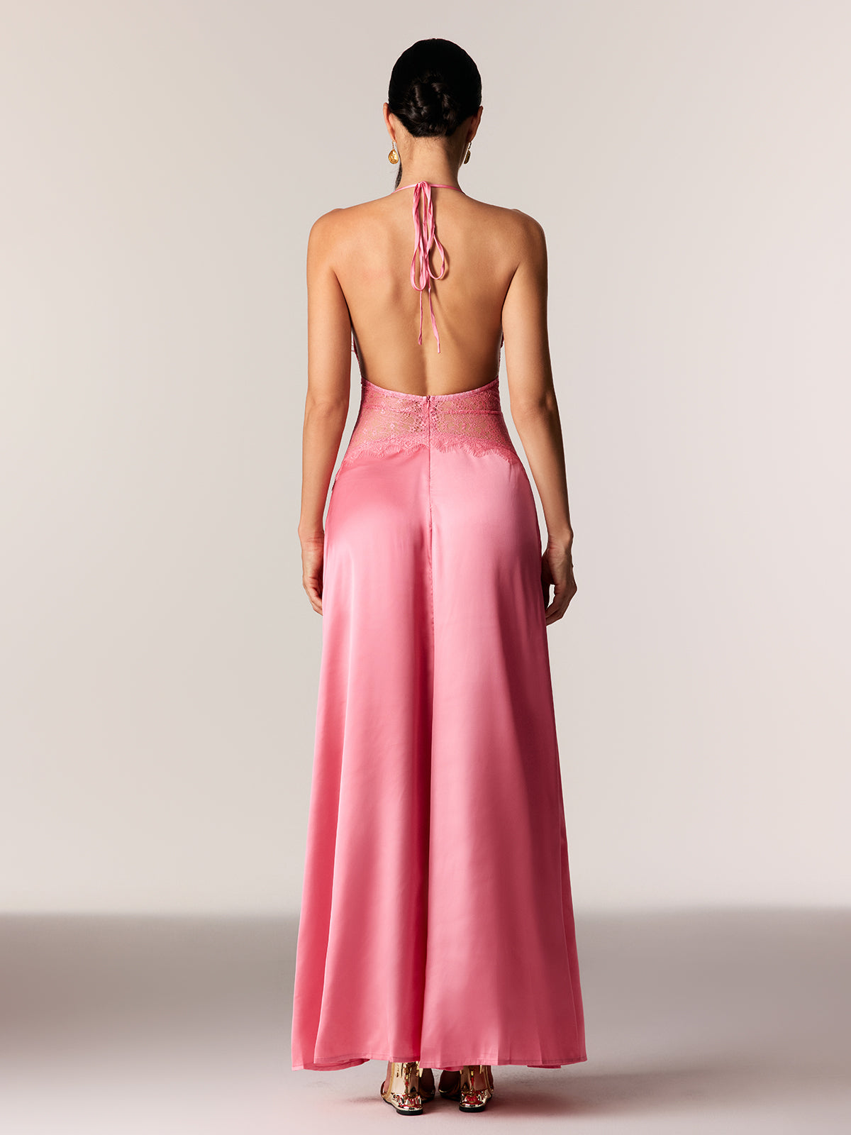 Bowie Lace Plunge Backless Maxi Dress In Pink