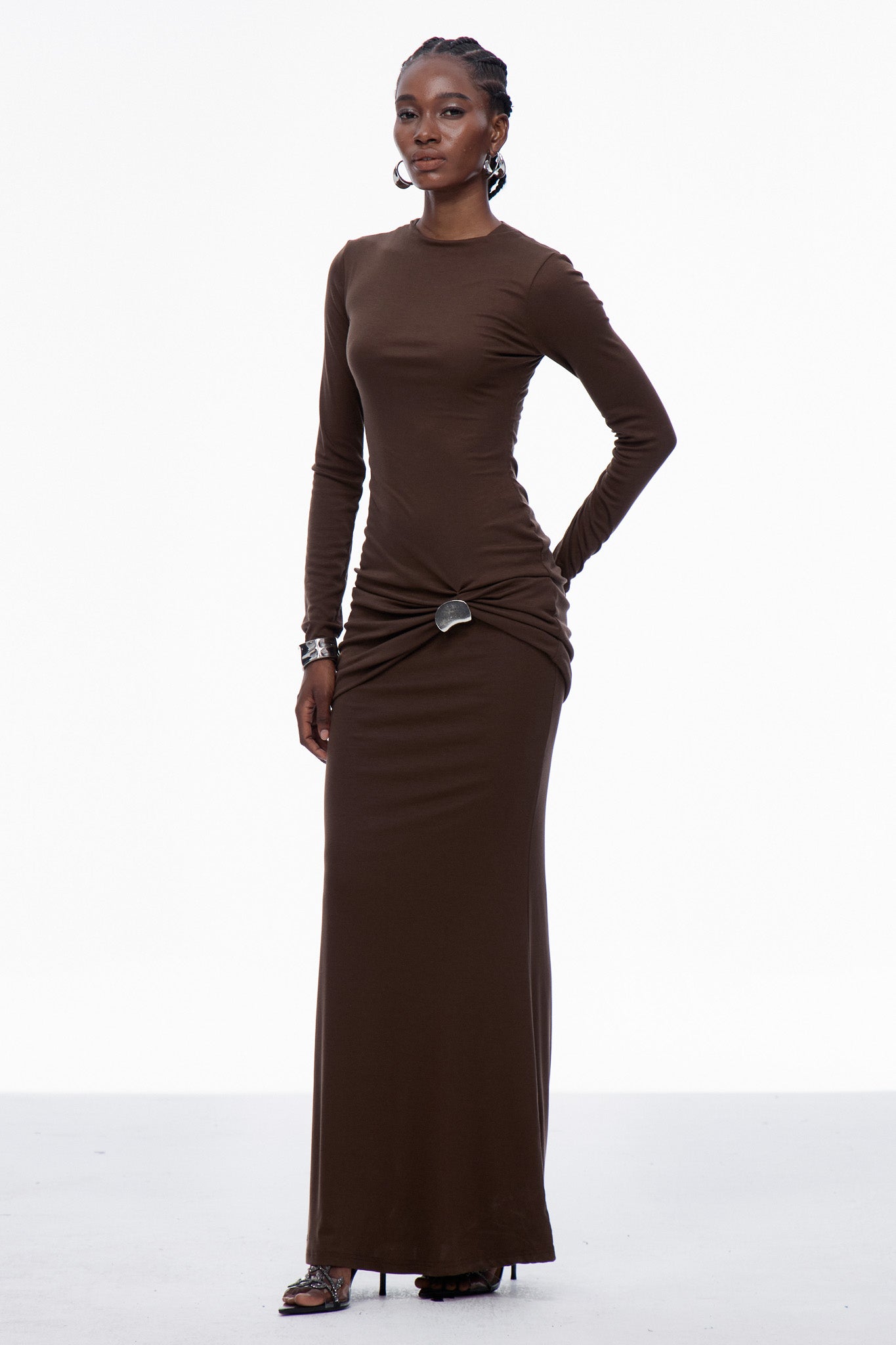 Brandr Ruch Bodycon Maxi Dress In Brown