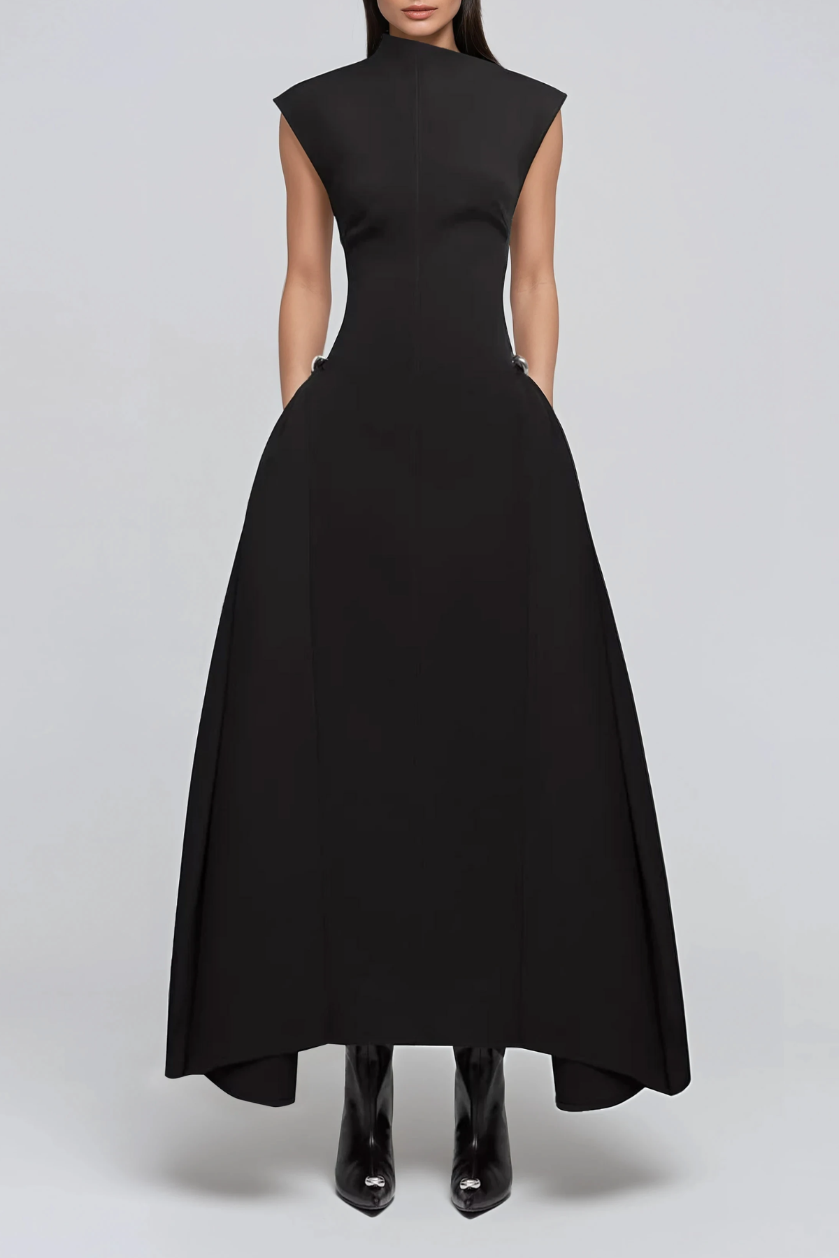 Cabdullaahi Sleeveless Asymmetric Maxi Dress In Black