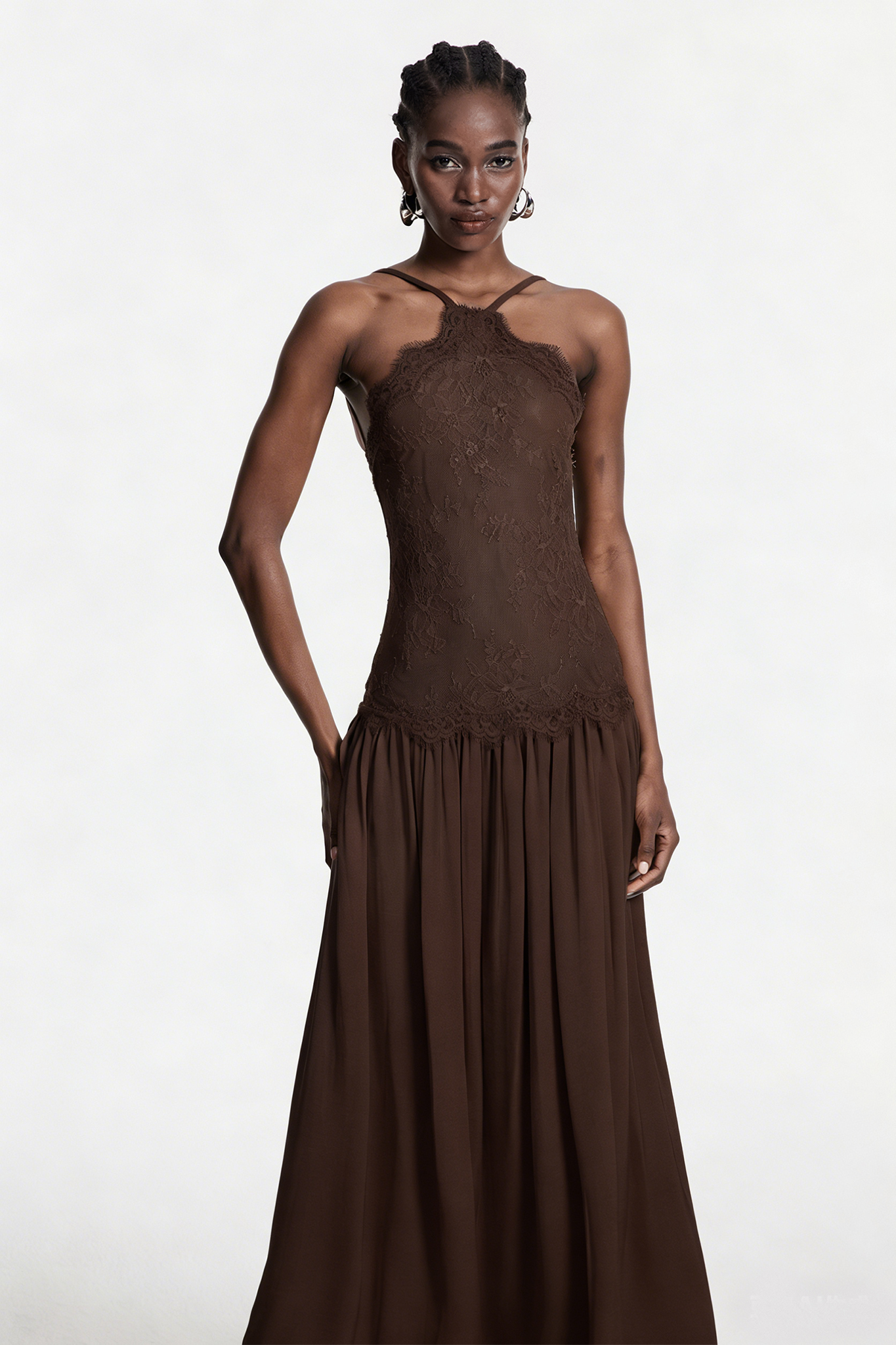Cadwalader Lace Floral Ruch Maxi Dress In Brown