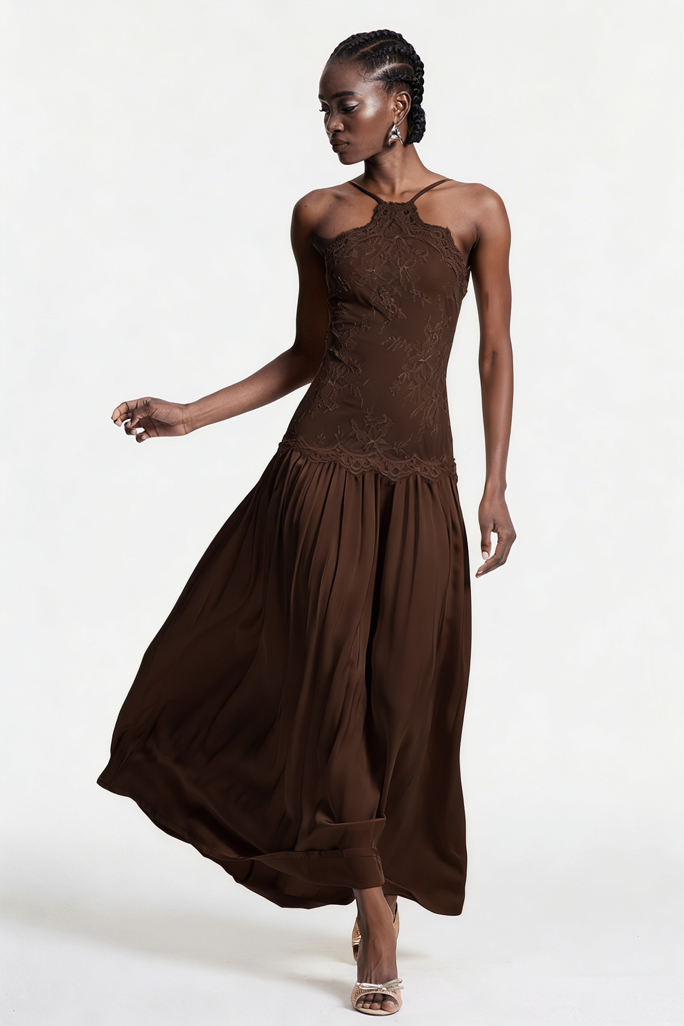 Cadwalader Lace Floral Ruch Maxi Dress In Brown