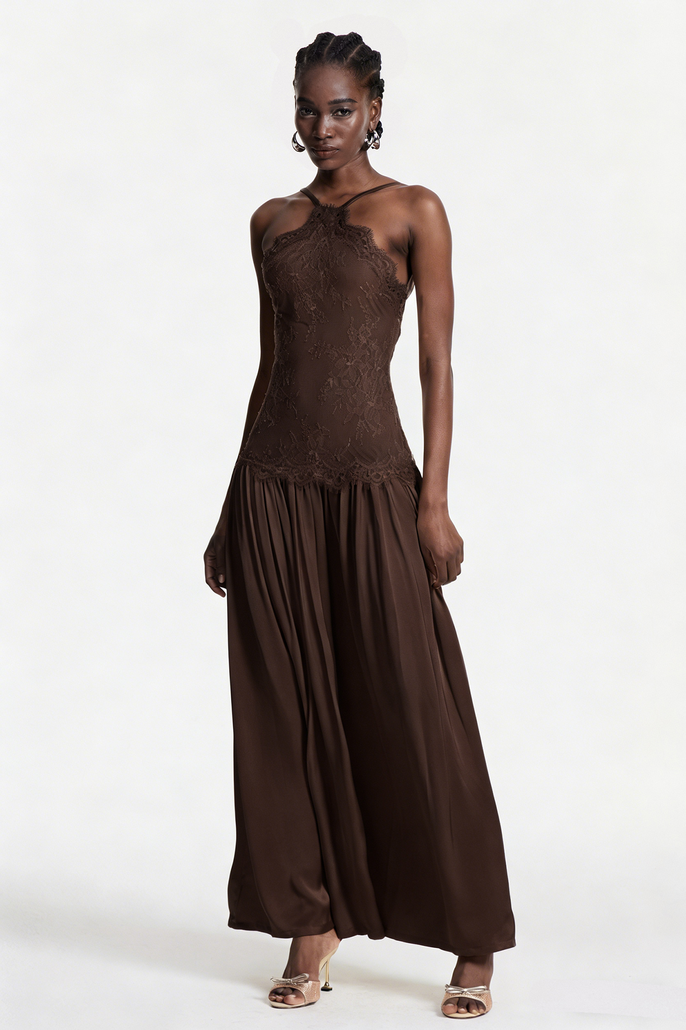 Cadwalader Lace Floral Ruch Maxi Dress In Brown