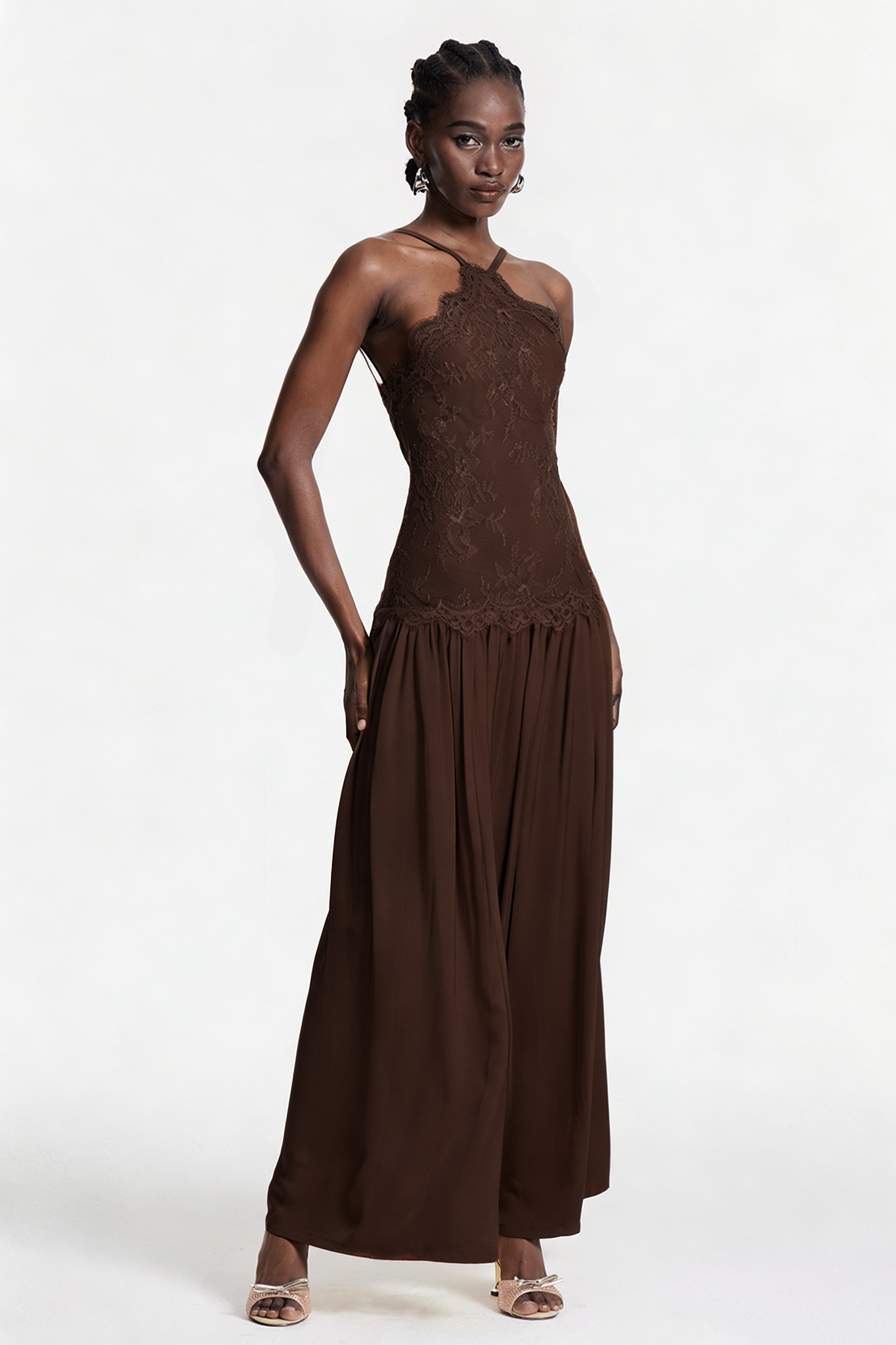 Cadwalader Lace Floral Ruch Maxi Dress In Brown