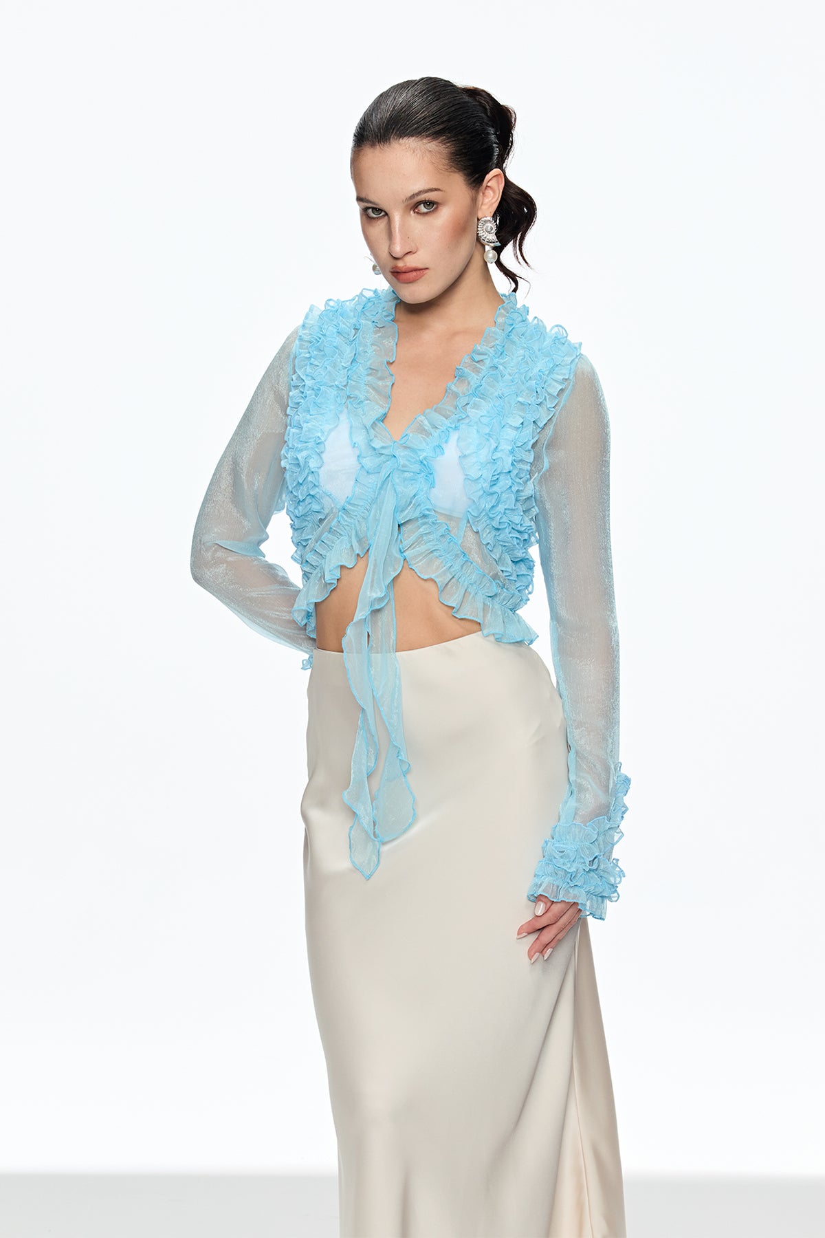 Caesonius Ruffle Plunge Lace Up Top