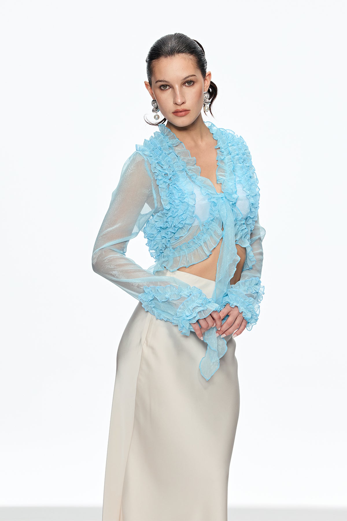 Caesonius Ruffle Plunge Lace Up Top