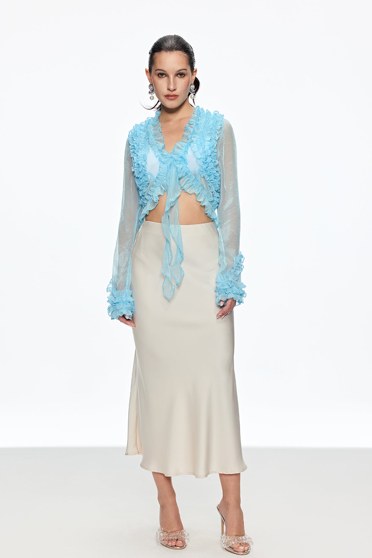 Caesonius Ruffle Plunge Lace Up Top