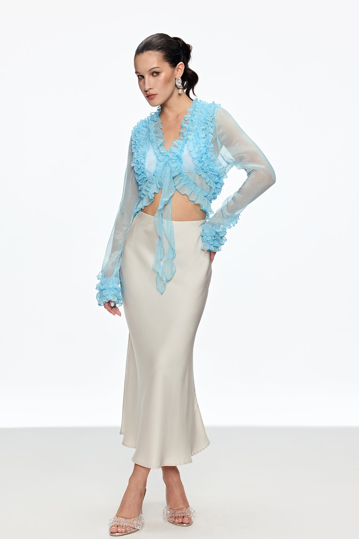 Caesonius Ruffle Plunge Lace Up Top