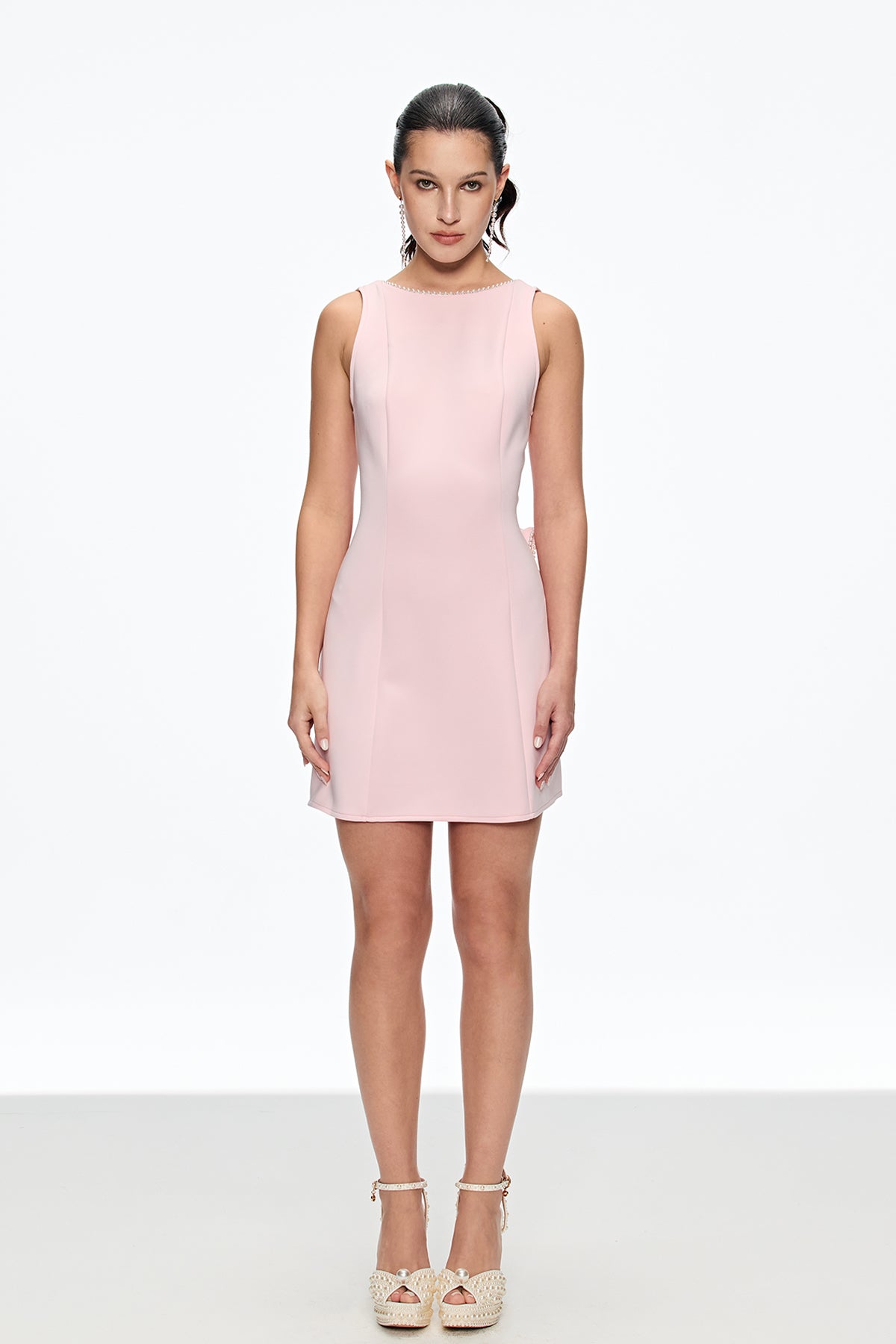 Cahyo Pearl Bow Backless Mini Dress