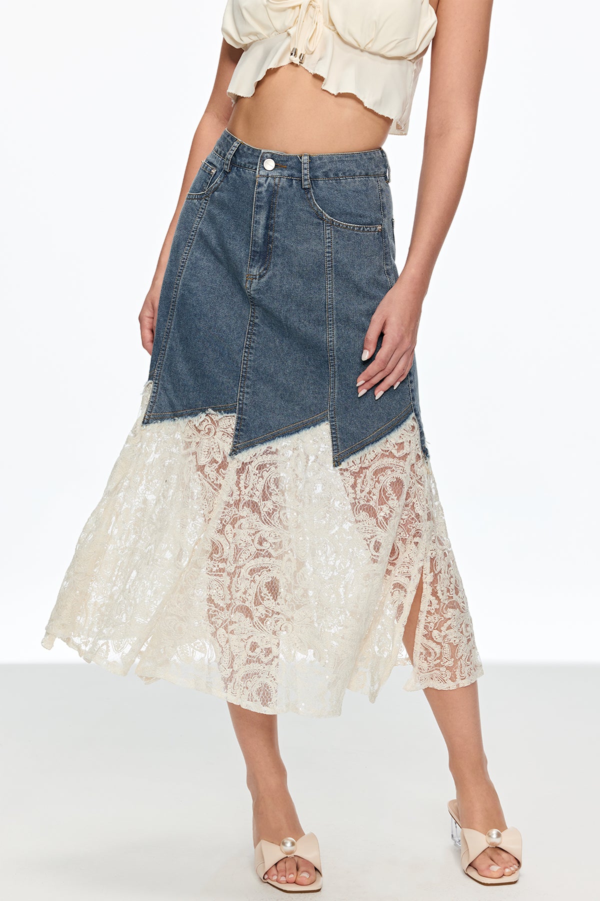 Cain Lace Denim Midi Skirt