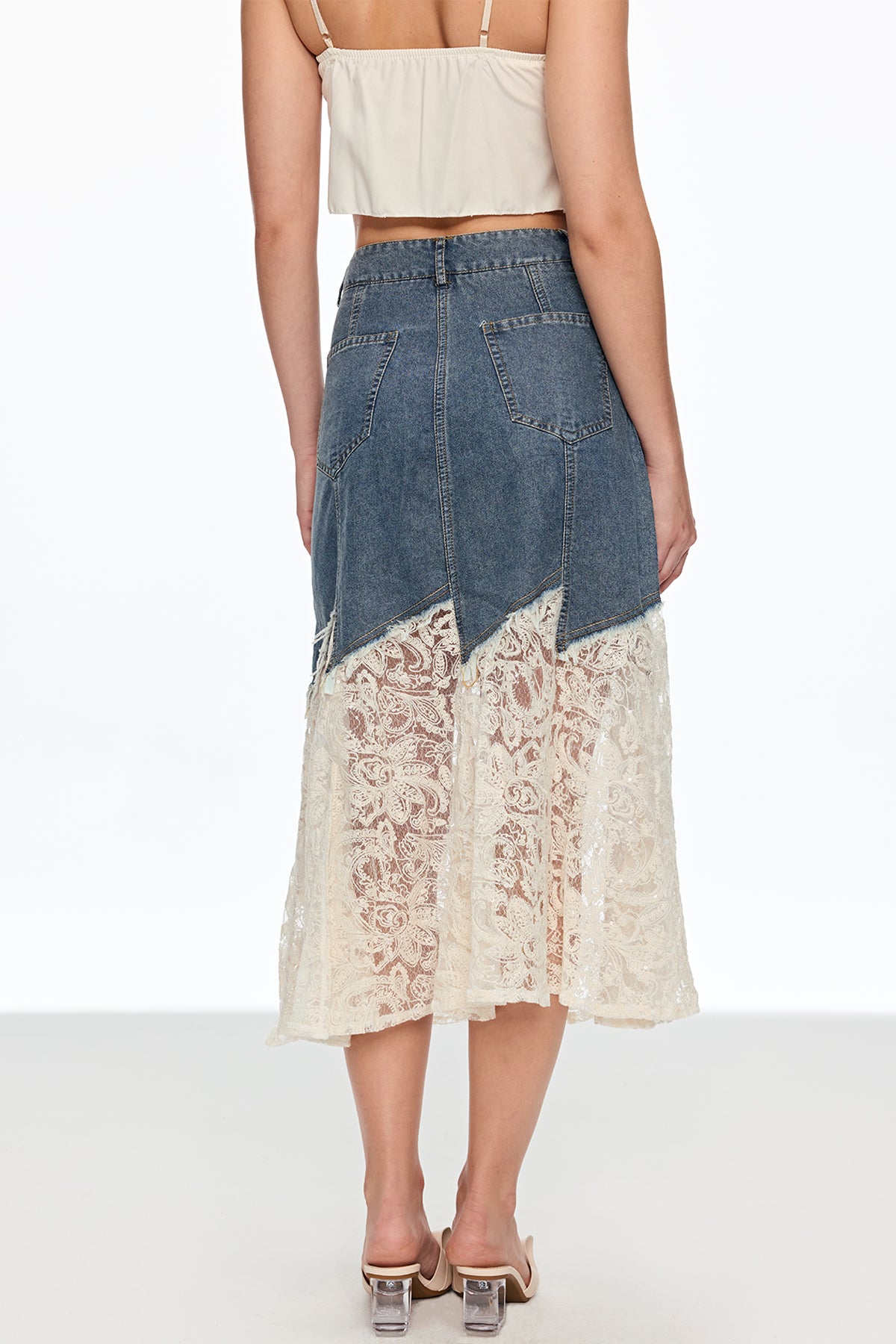 Cain Lace Denim Midi Skirt