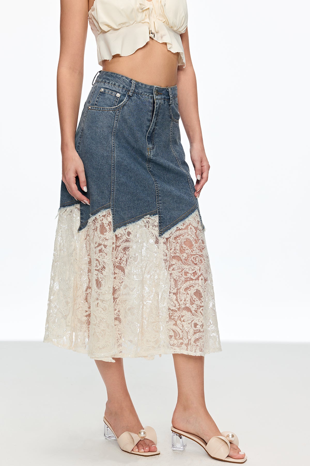 Cain Lace Denim Midi Skirt
