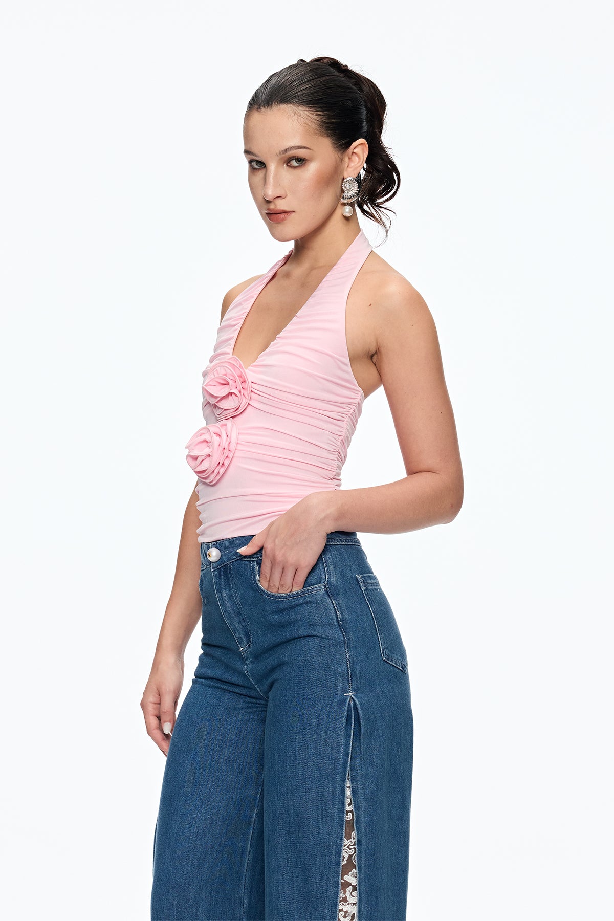 Caiside Flower Ruch Halter Neck Top