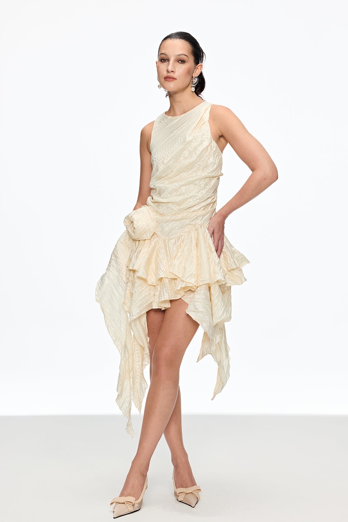 Caleb Flower Ruch Asymmetric Mini Dress In Apricot