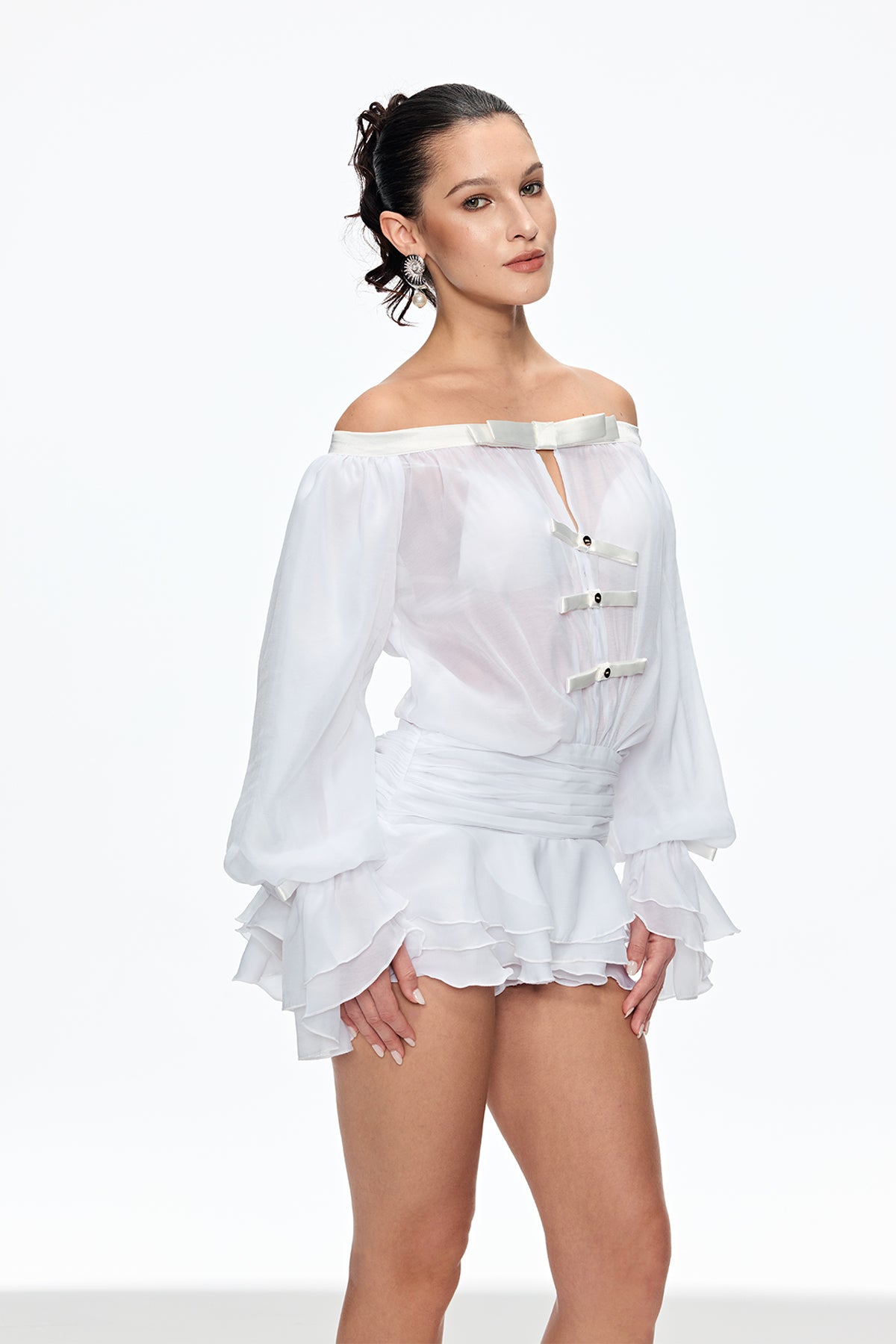 Calista Bow Off Shoulder Ruch Mini Dress