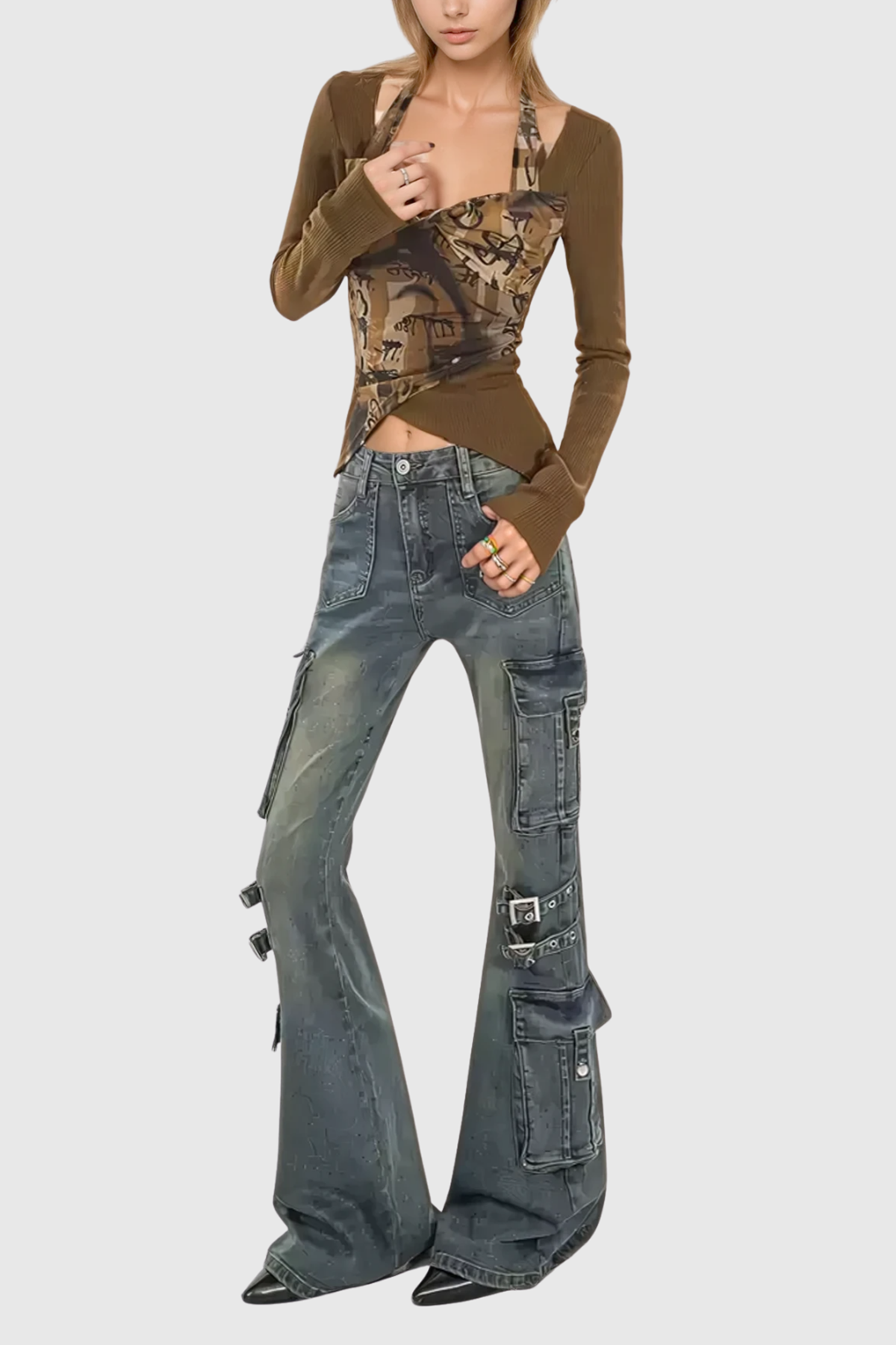 Calleigh Print Buckle Cargo Bootcut Jeans In Blue