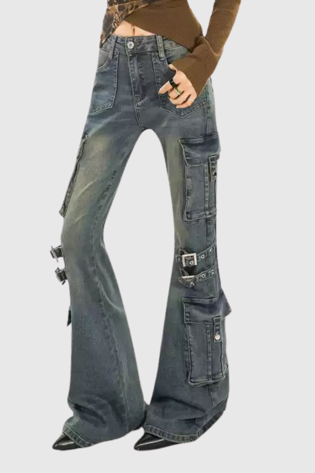 Calleigh Print Buckle Cargo Bootcut Jeans In Blue