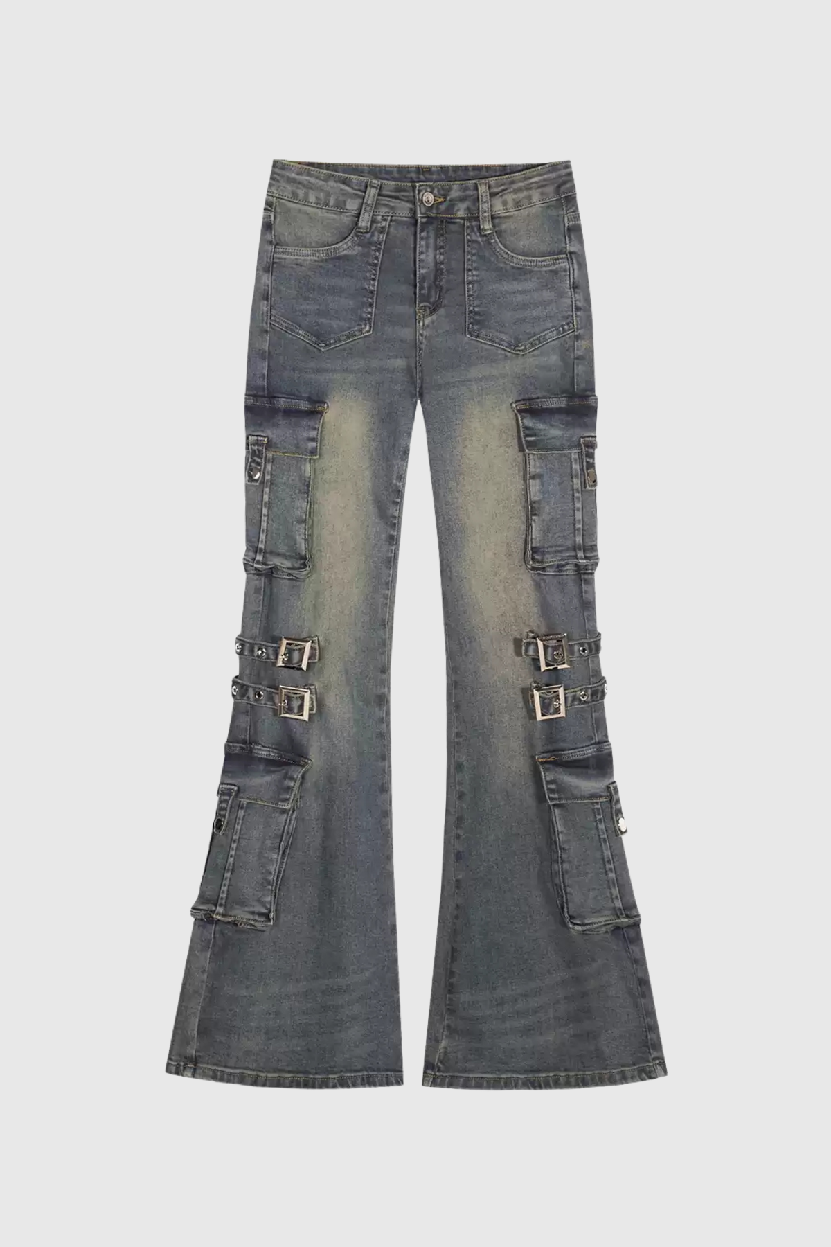 Calleigh Print Buckle Cargo Bootcut Jeans In Blue