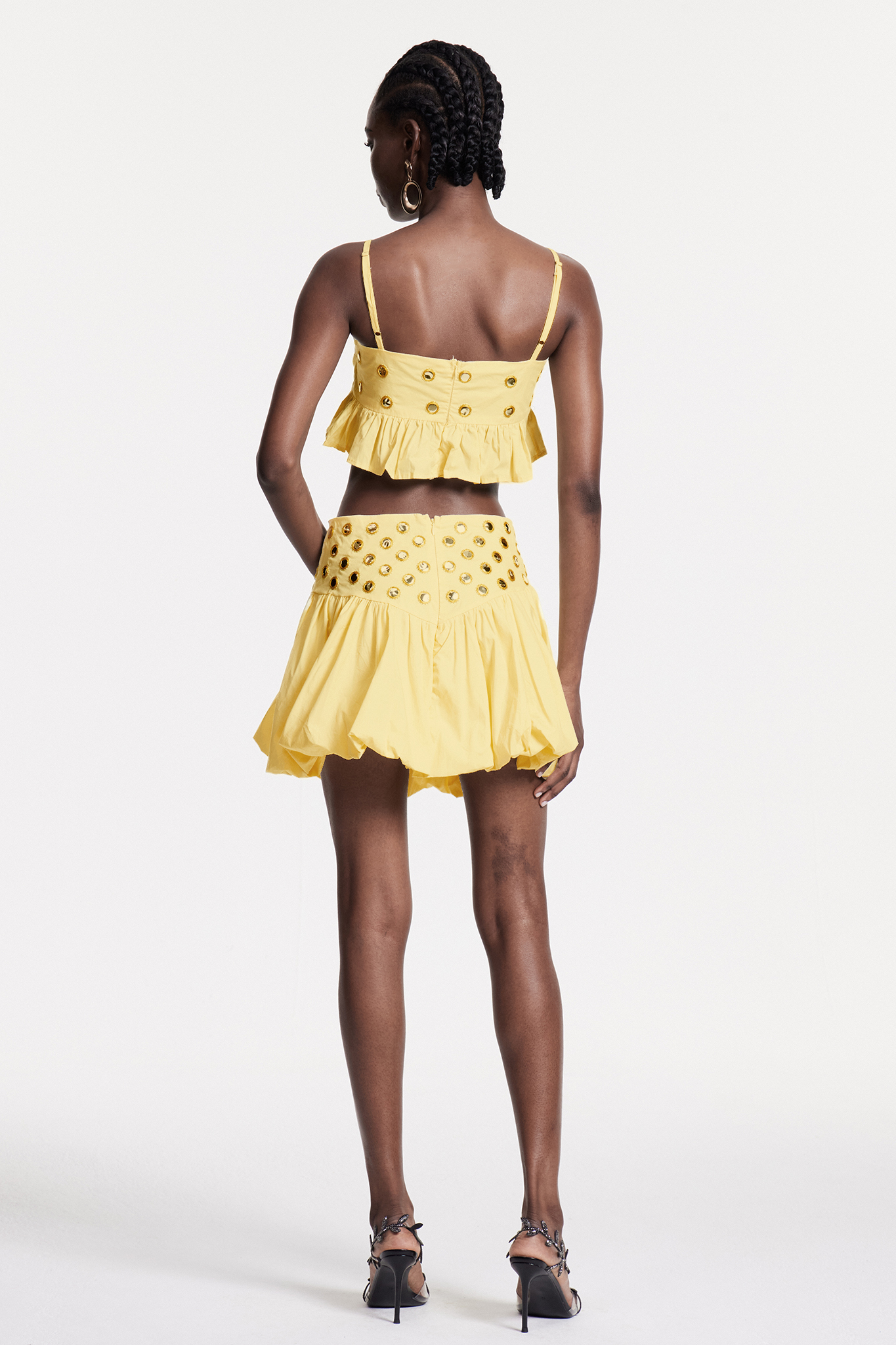 Calogera Cutout Embellished Ruch Skirt Set In Yellow