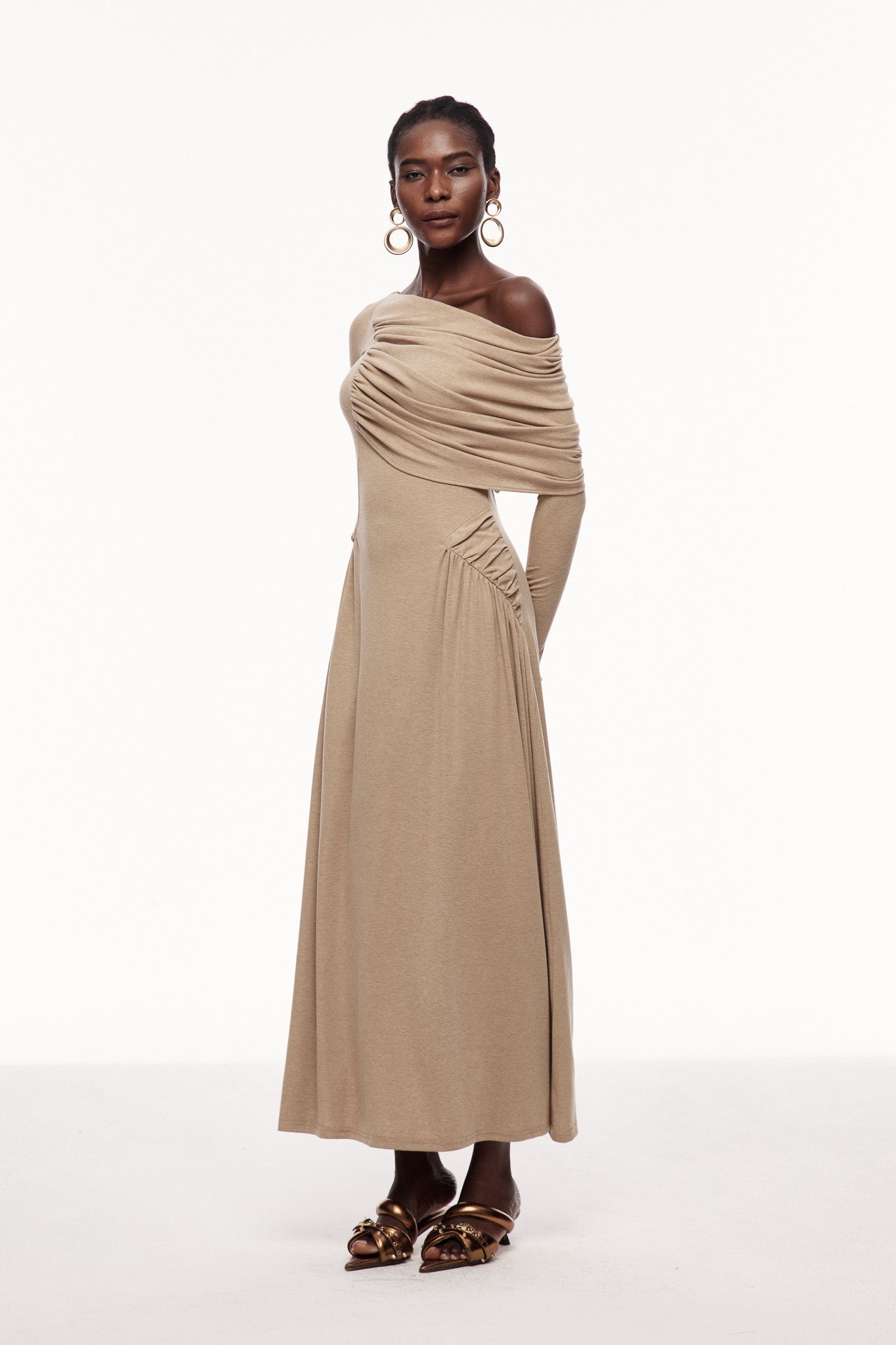 Candi Ruch Asymmetric Maxi Dress In Khaki