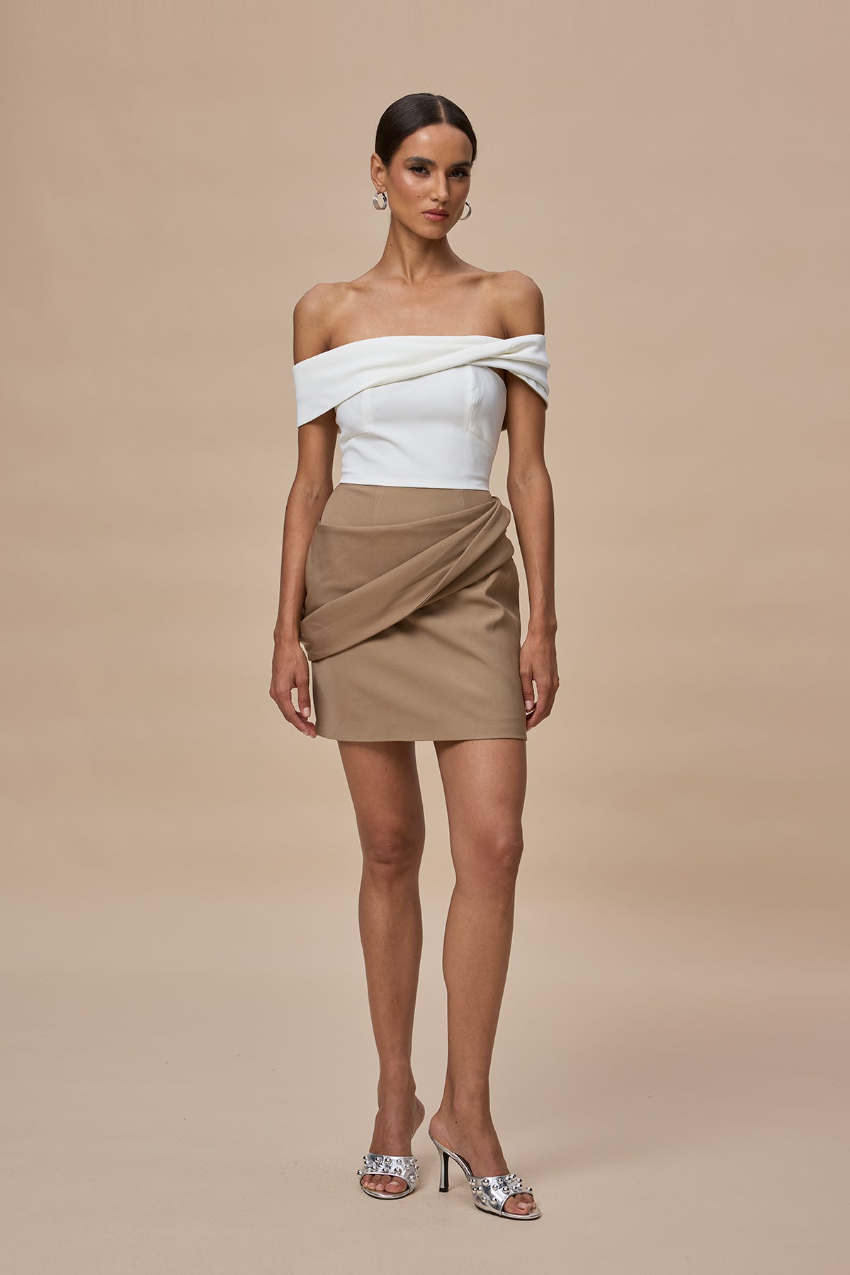 Candide Off Shoulder Ruch Mini Dress