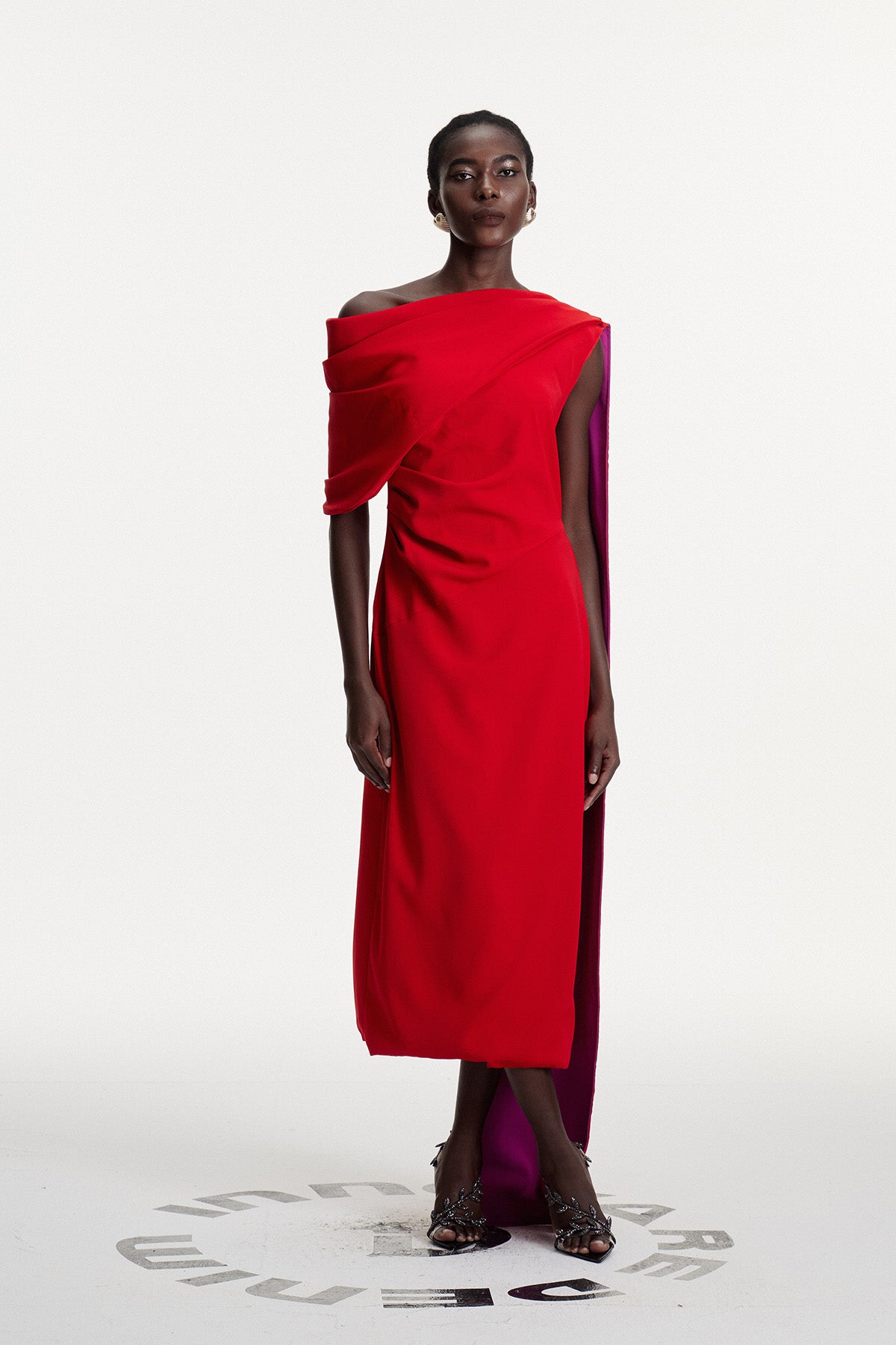 Candidus Shawl Ruch Asymmetric Midi Dress