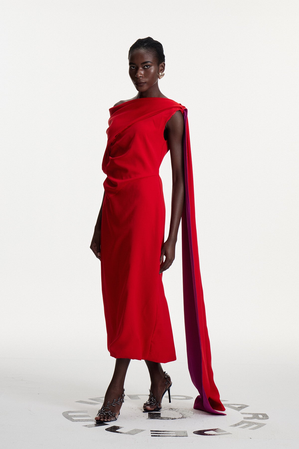 Candidus Shawl Ruch Asymmetric Midi Dress