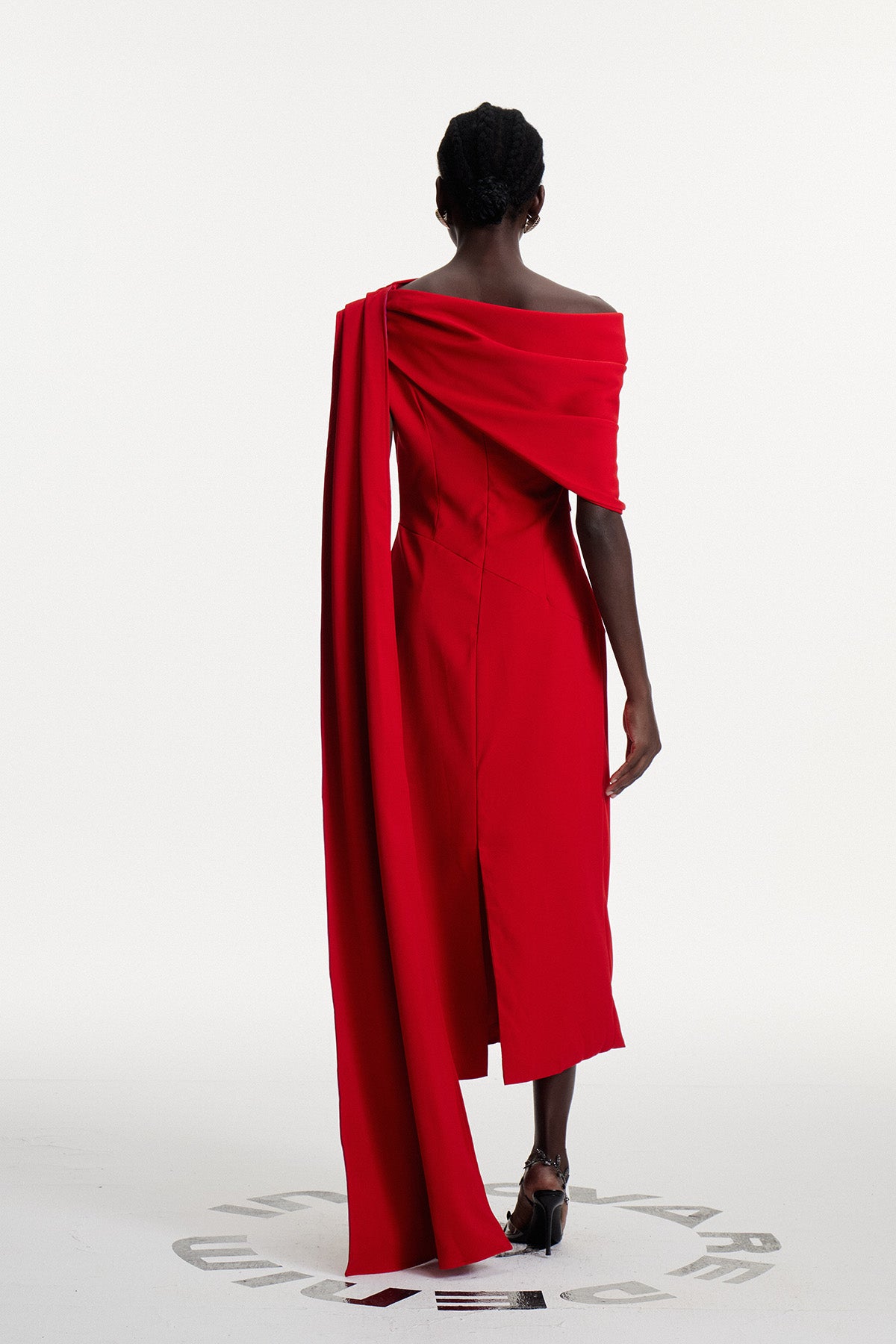 Candidus Shawl Ruch Asymmetric Midi Dress