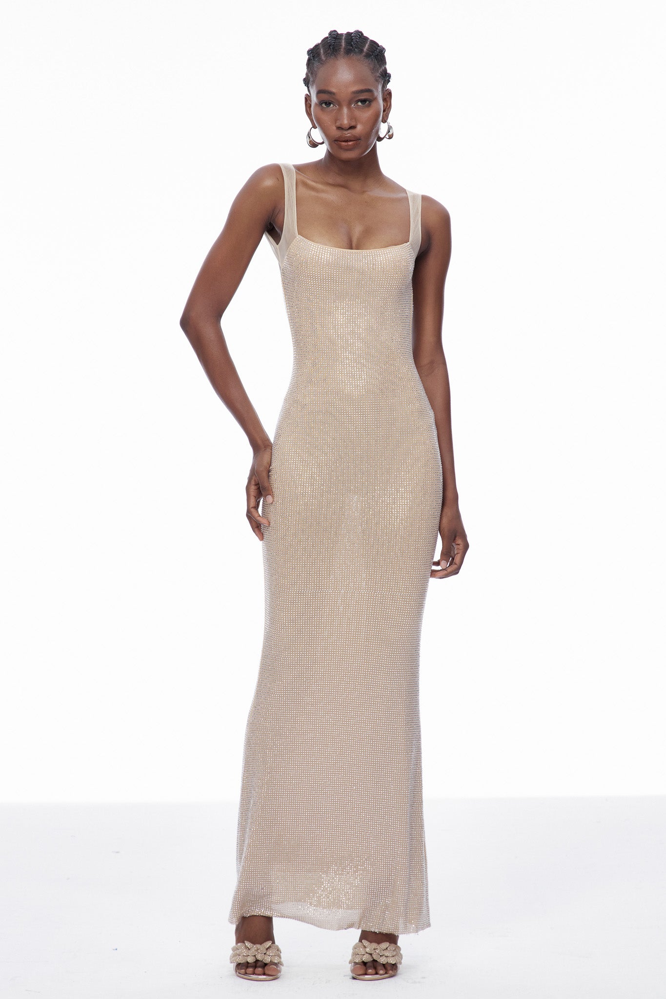 Caomh Rhinestone Backless Maxi Dress In Apricot
