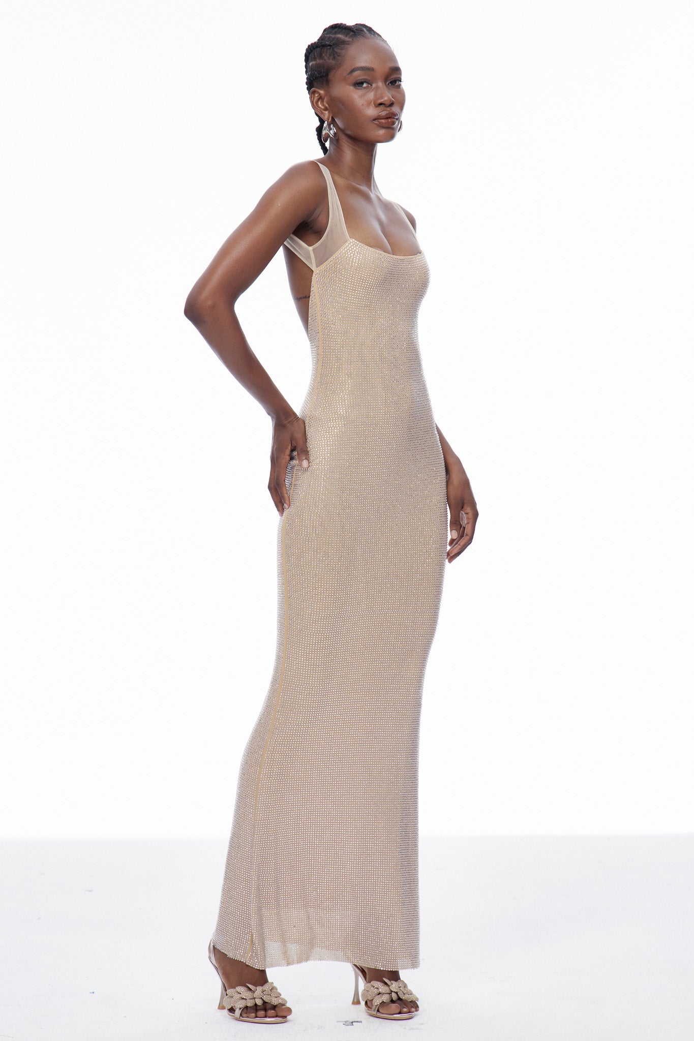 Caomh Rhinestone Backless Maxi Dress In Apricot
