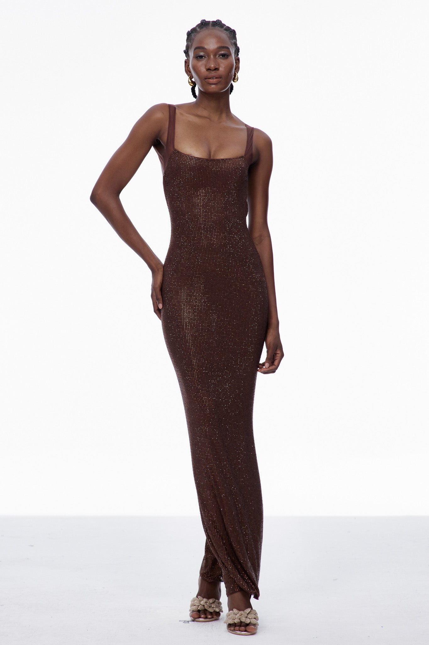 Caomh Rhinestone Backless Maxi Dress In Brown