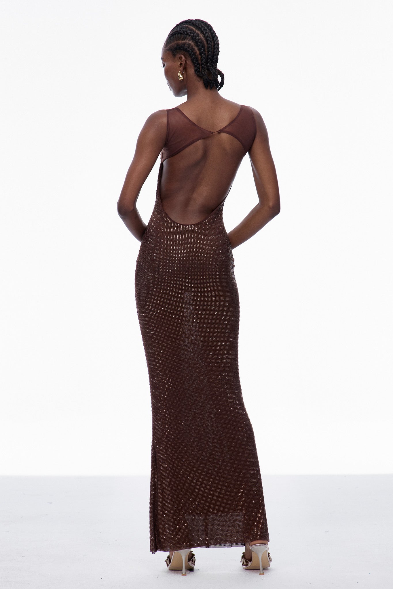 Caomh Rhinestone Backless Maxi Dress In Brown