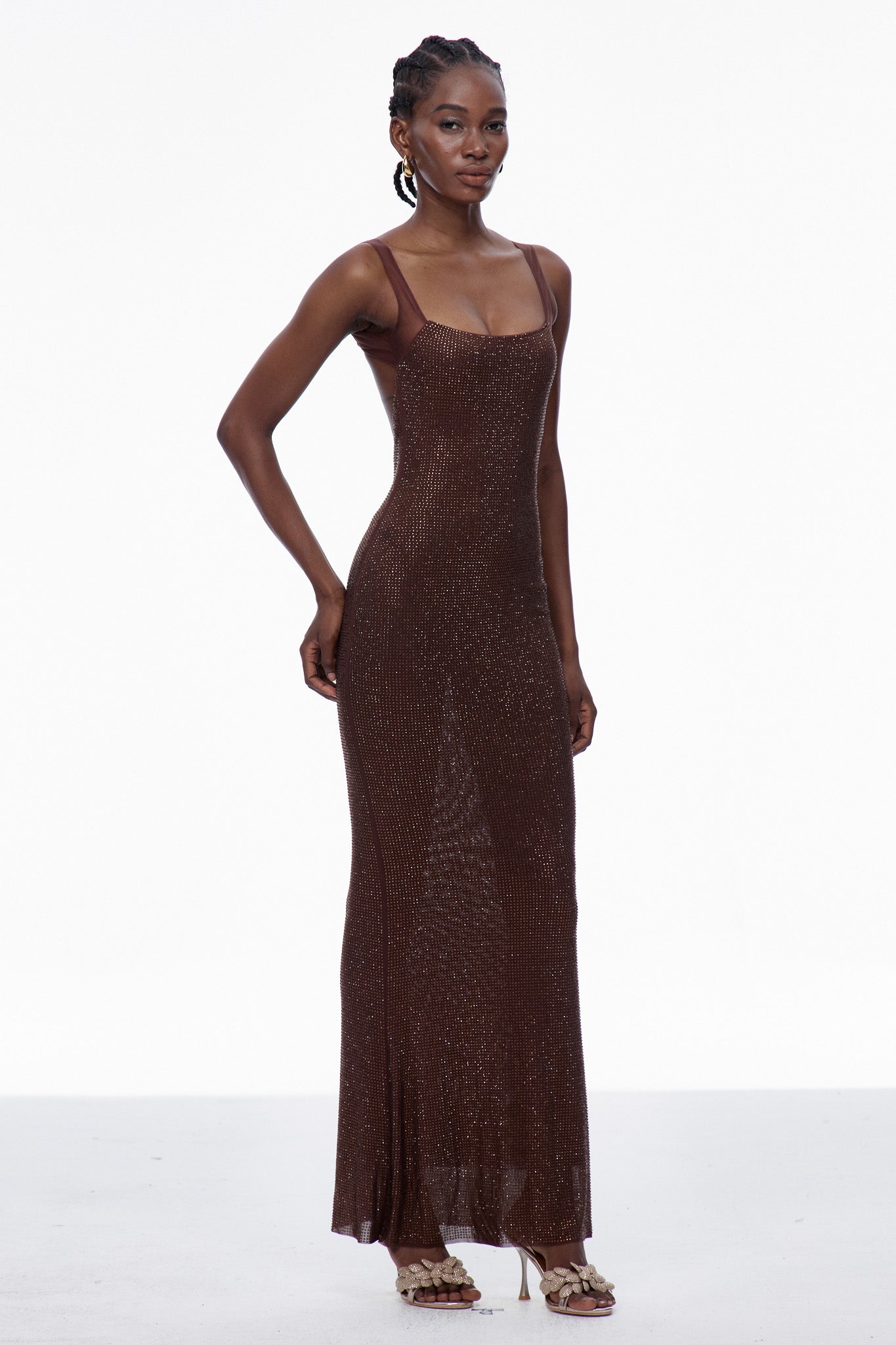 Caomh Rhinestone Backless Maxi Dress In Brown