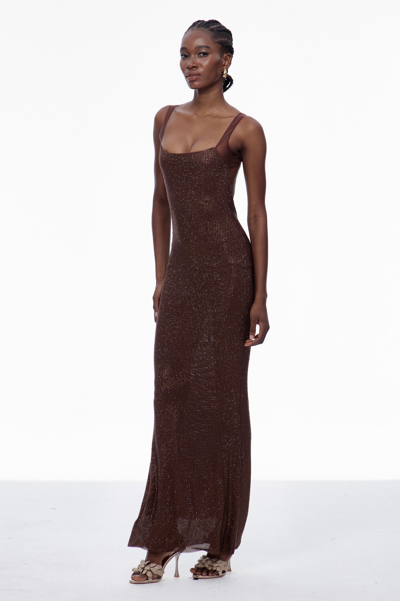 Caomh Rhinestone Backless Maxi Dress In Brown