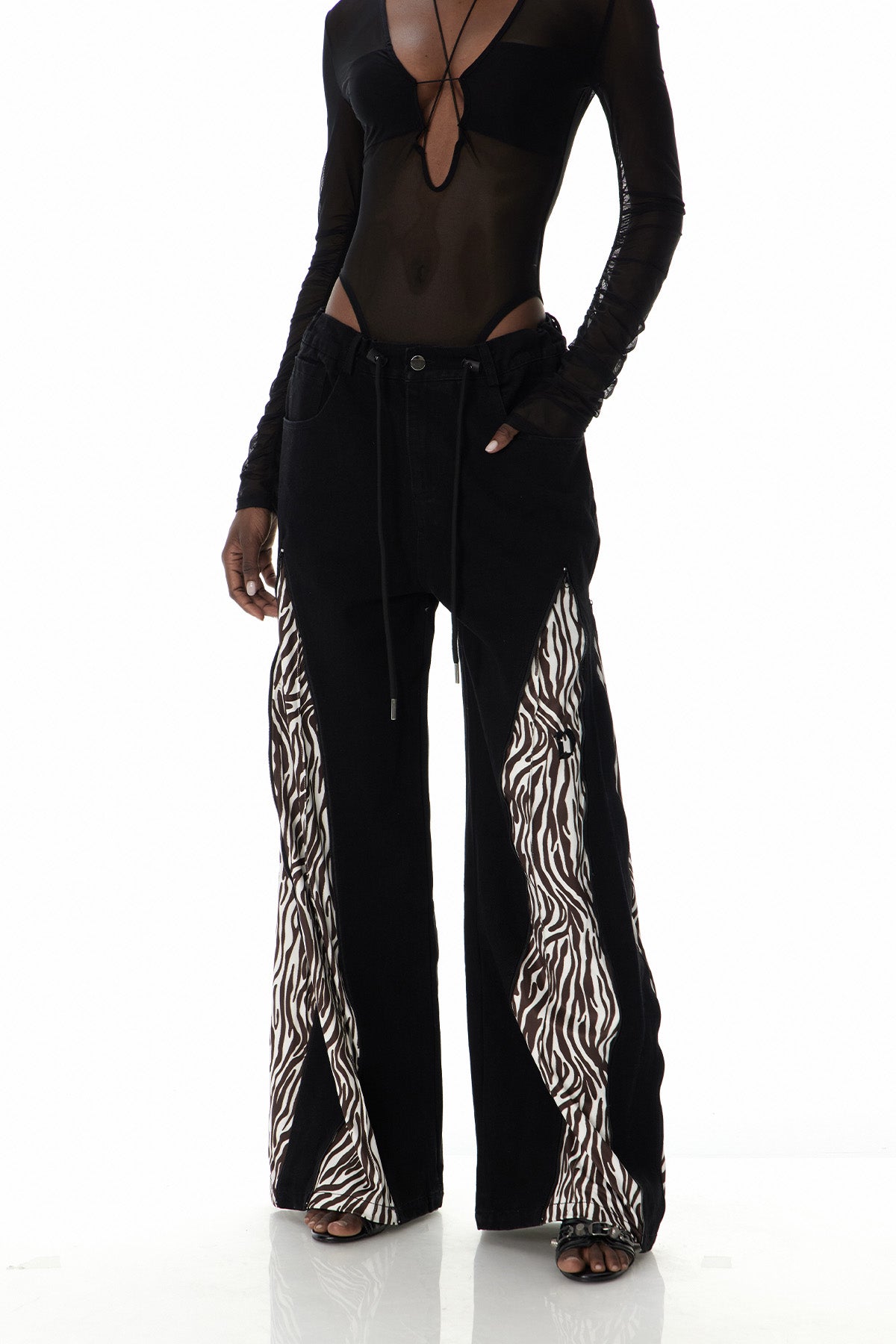 Caprina Zebra Print Zipper Jeans In Brown