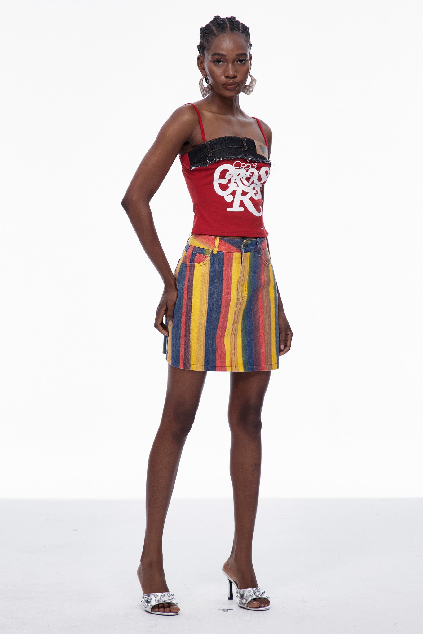 Cara Stripe Denim Mini Skirt In Red