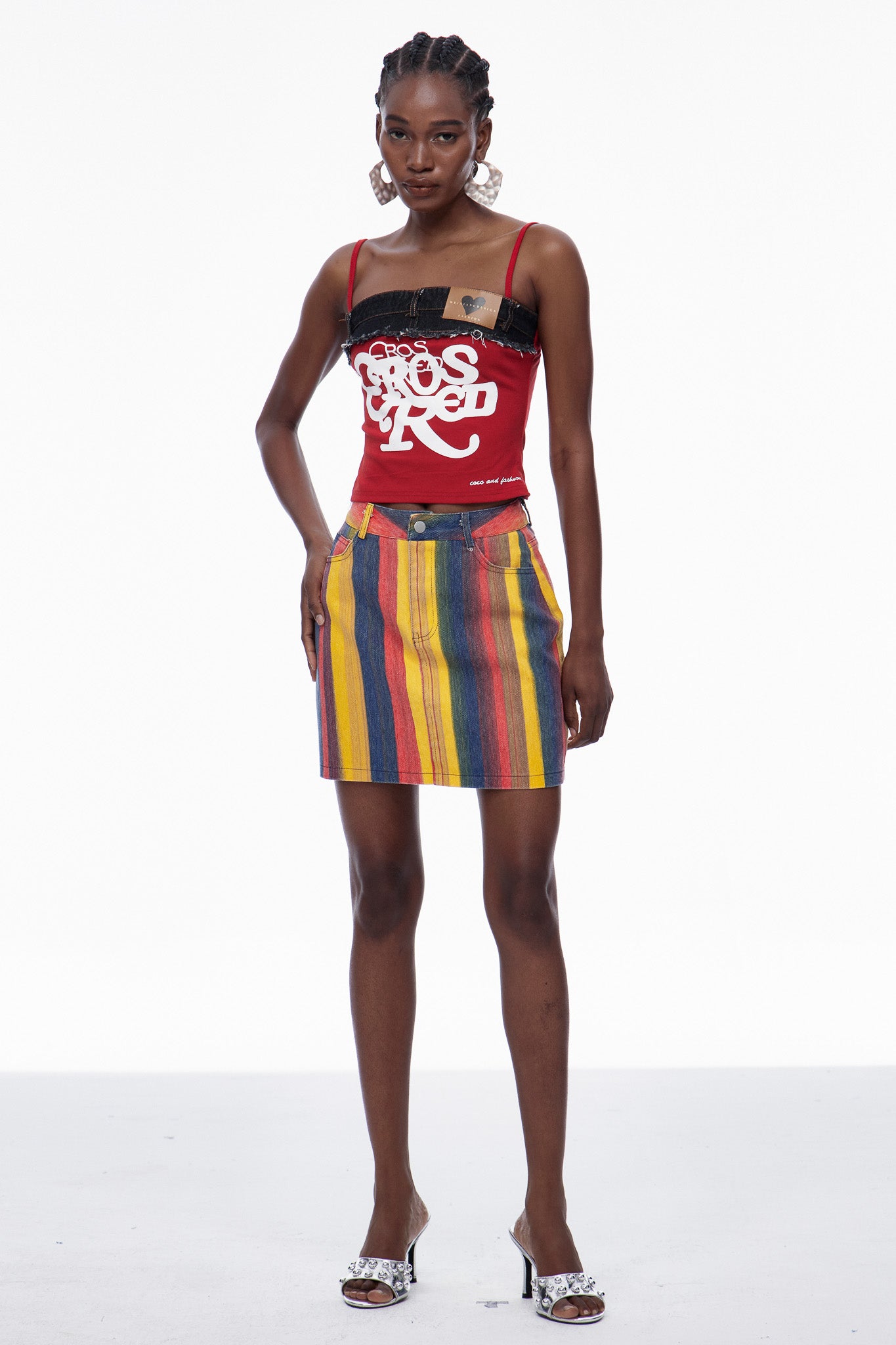 Cara Stripe Denim Mini Skirt In Red