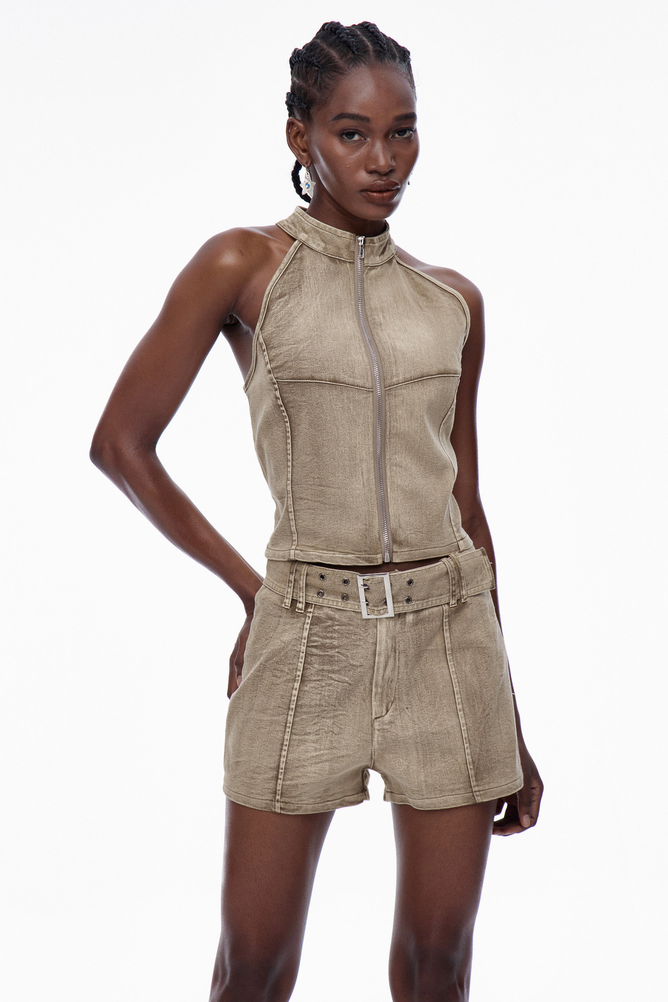 Caramia Sleeveless Buckle Denim Shorts Set