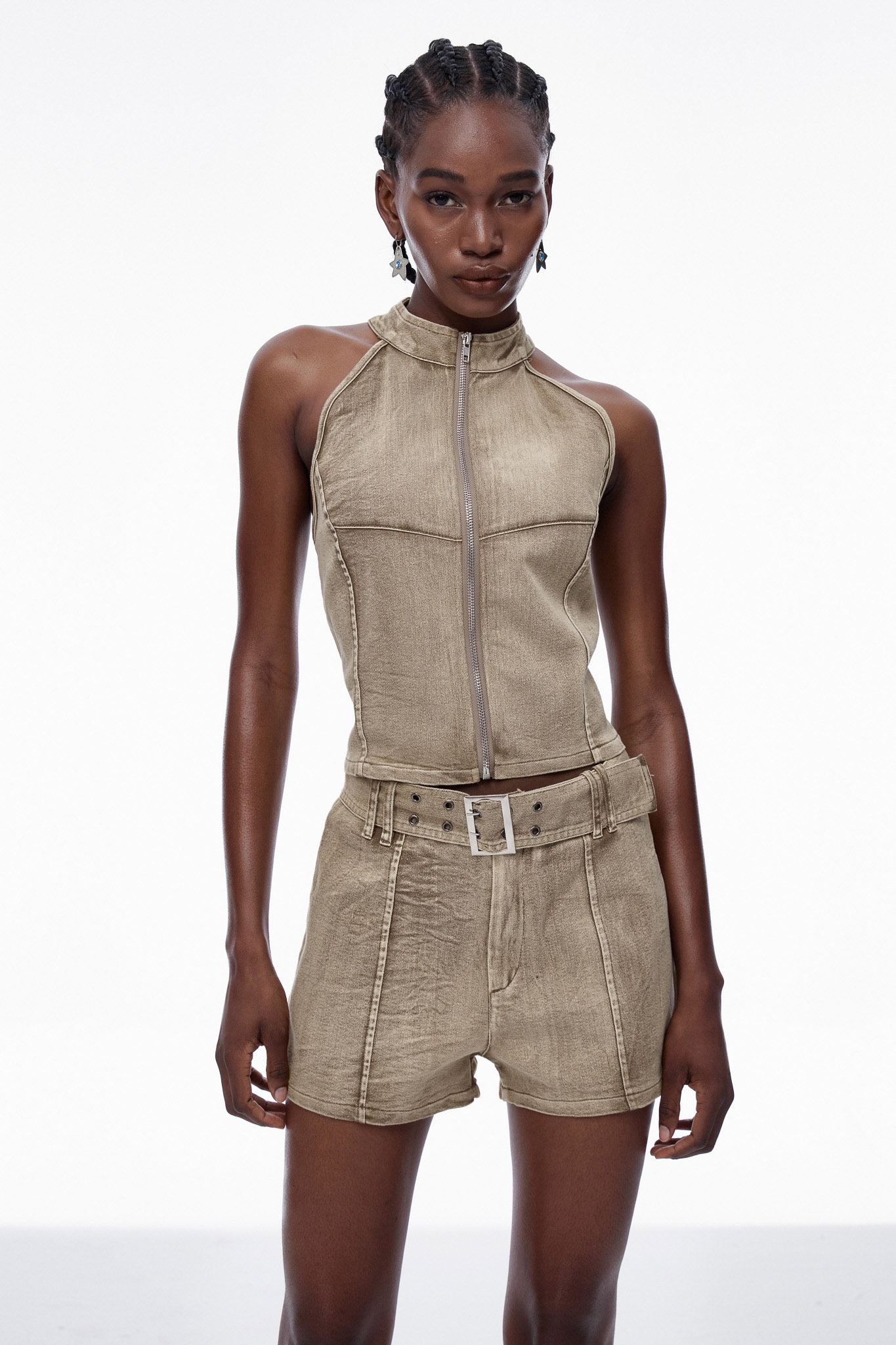 Caramia Sleeveless Buckle Denim Shorts Set