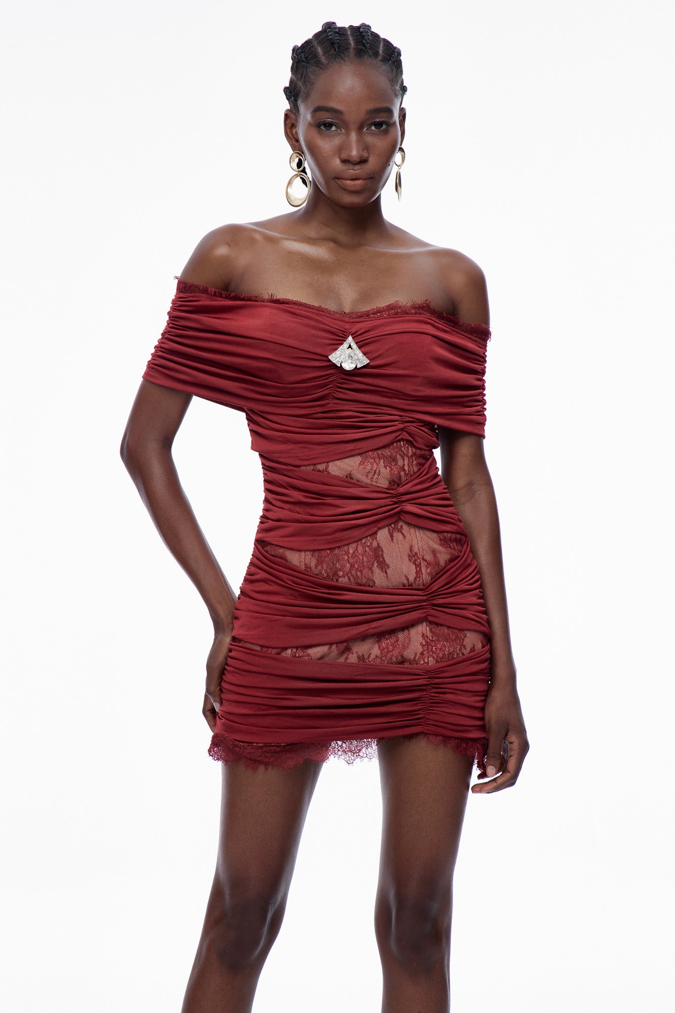 Carine Lace Ruch Off Shoulder Mini Dress