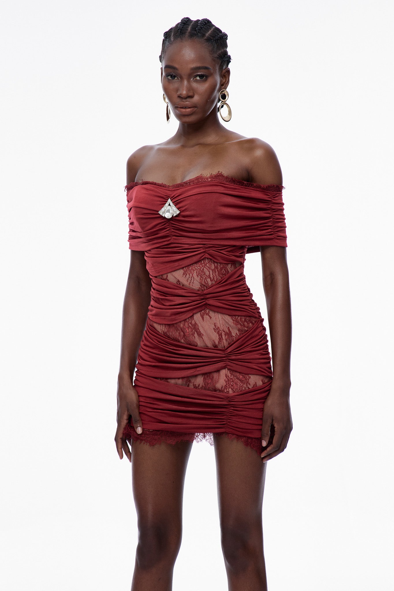 Carine Lace Ruch Off Shoulder Mini Dress