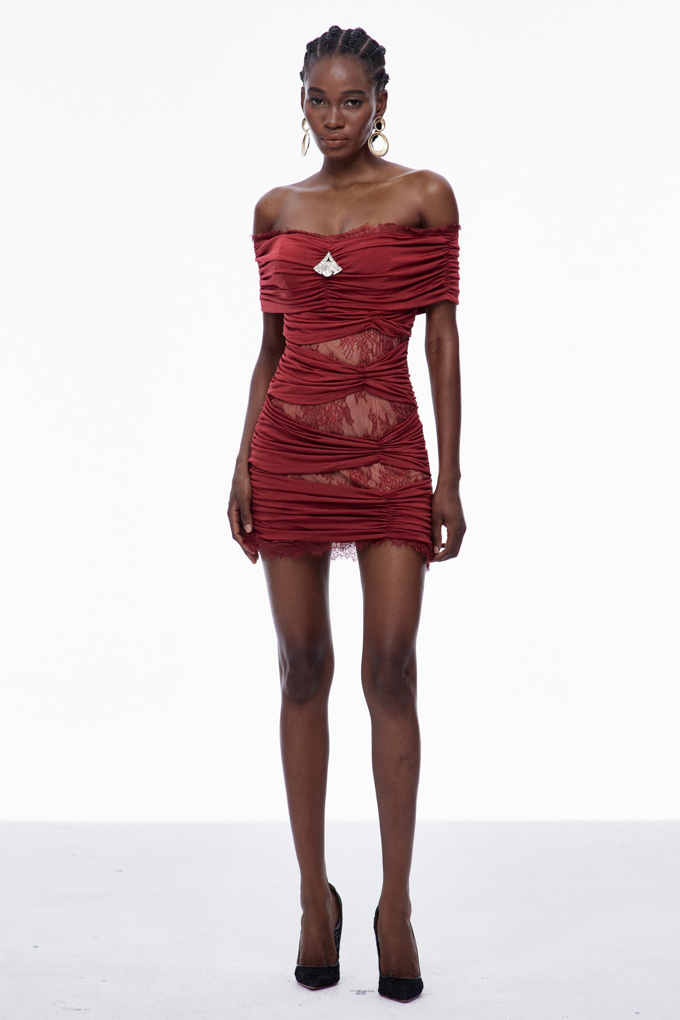 Carine Lace Ruch Off Shoulder Mini Dress