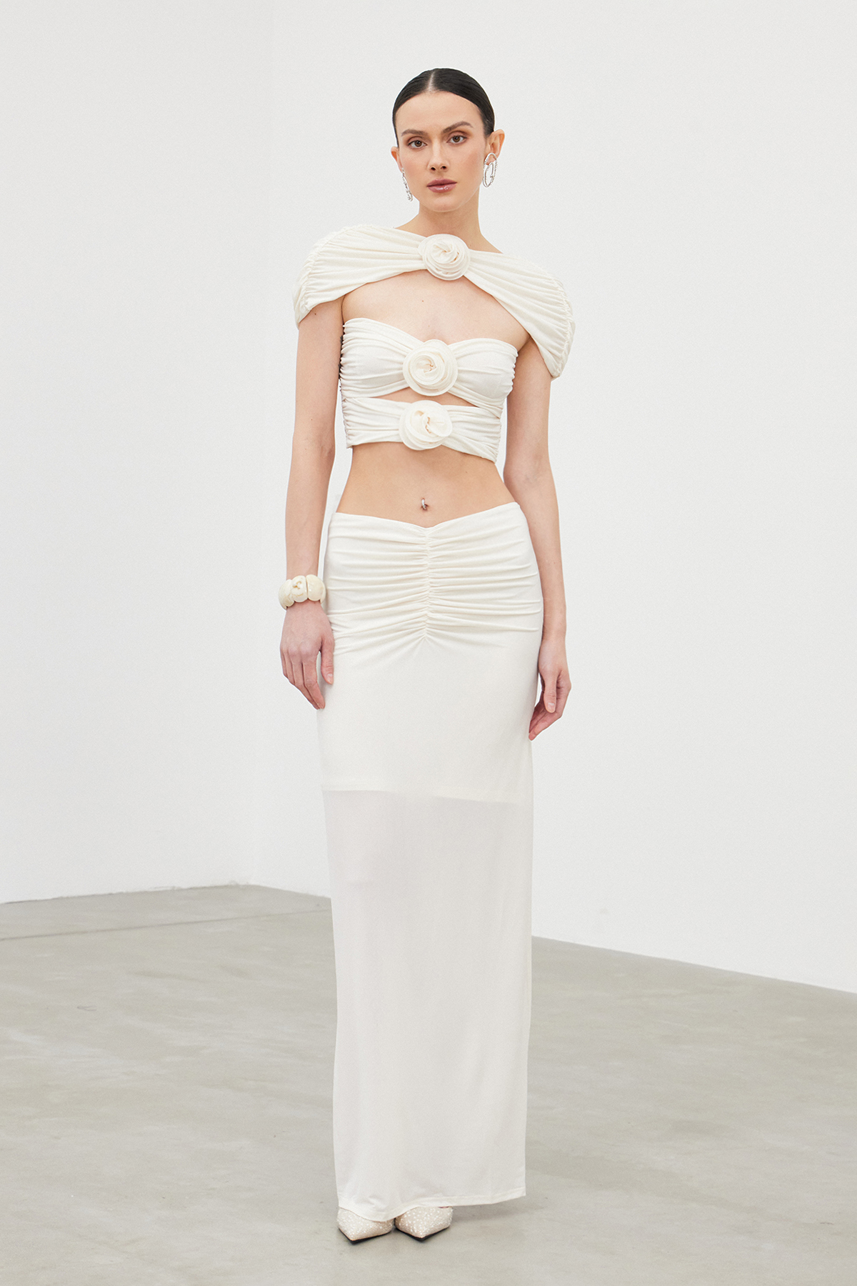 Carmelo Flower Ruch Cutout Skirt Set